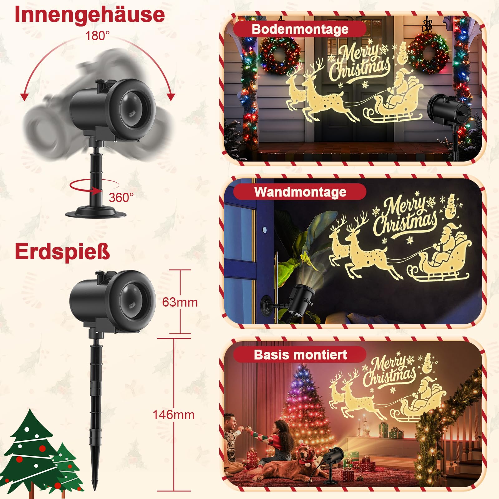 Weihnachten Deko Outdoor Innen,3D Dynamische Halloween Projektor, Wasserdicht LED Projektionslampe mit Schlitten,Jesus,Schädel,Fledermaus für Wand Friedhof Fenster Garten Hof Party Deko Projector