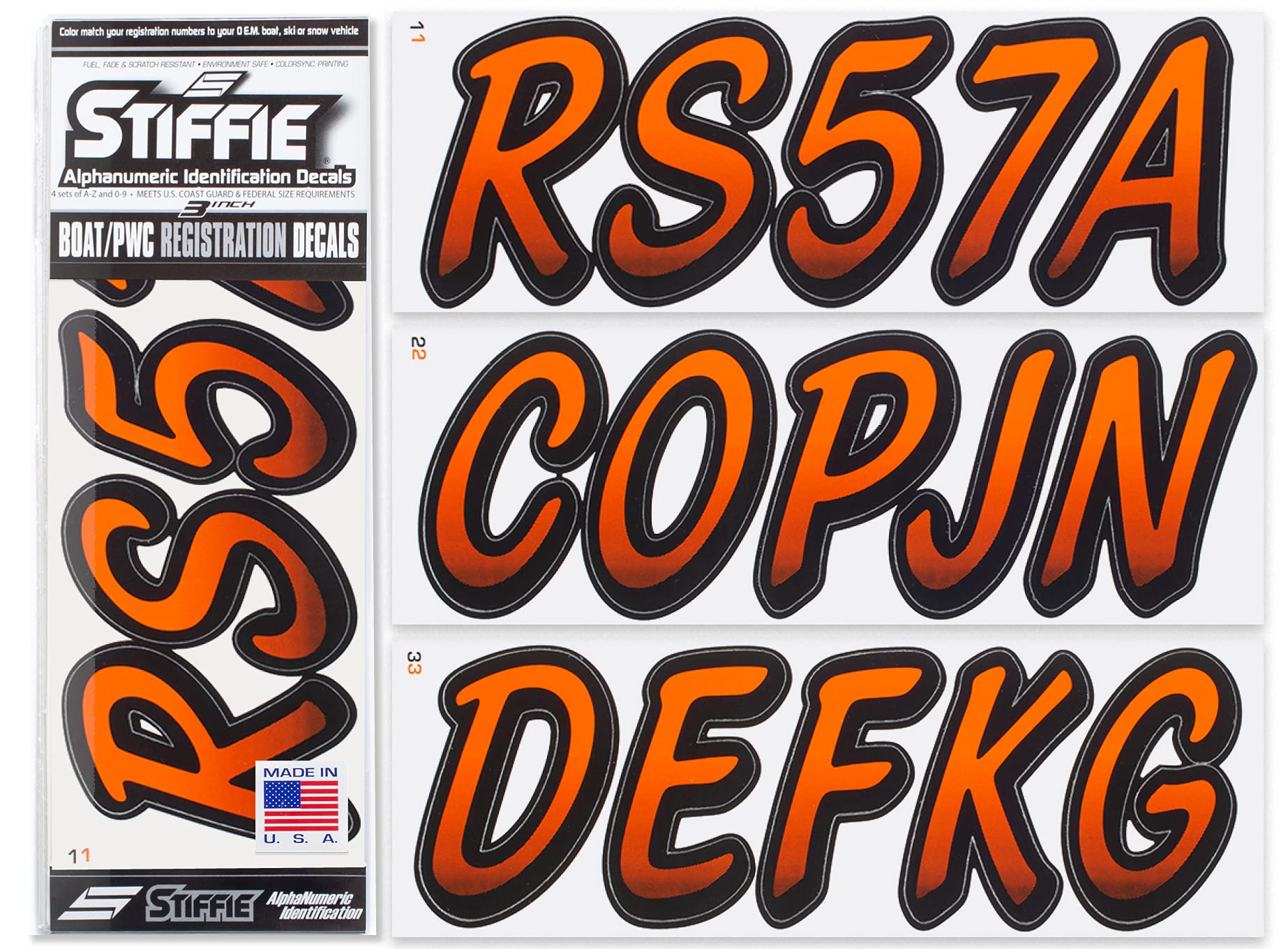 STIFFIE Whipline Orange/Black 3" Boat &amp; PWC Registration Decals • Numbers Letters Stickers