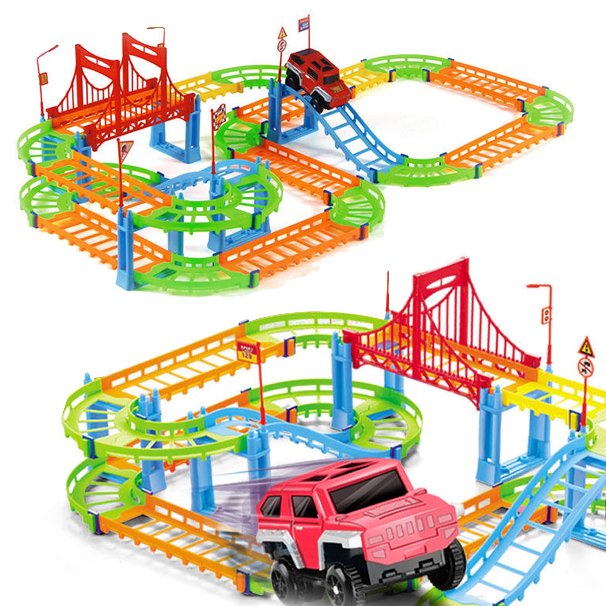 Kidology Flexible Racing Track Playset Toy for Kids 3+ | DIY Rapid Variety Car Racing Track with Electric Car Toys and Games for Kids (95 Pcs) | Indoor & Outdoor Creative Playset Multicolor-image-13