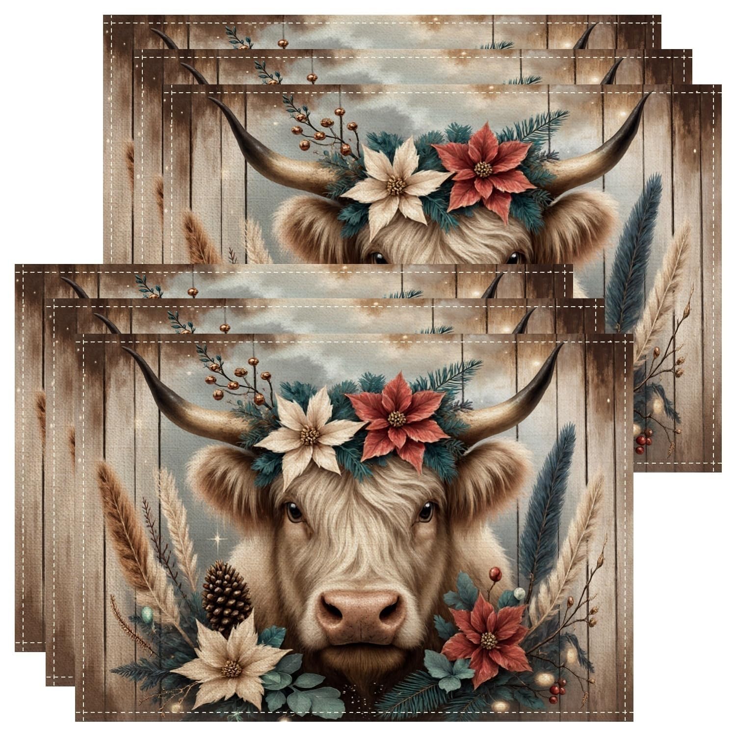 Rustic Cow Placemats, Floral Farmhouse Place mats for Dining Table, Autumn Winter Holiday Non-Slip Washable Indoor Outdoor Kitchen Party Decorative Placemat Set of 6