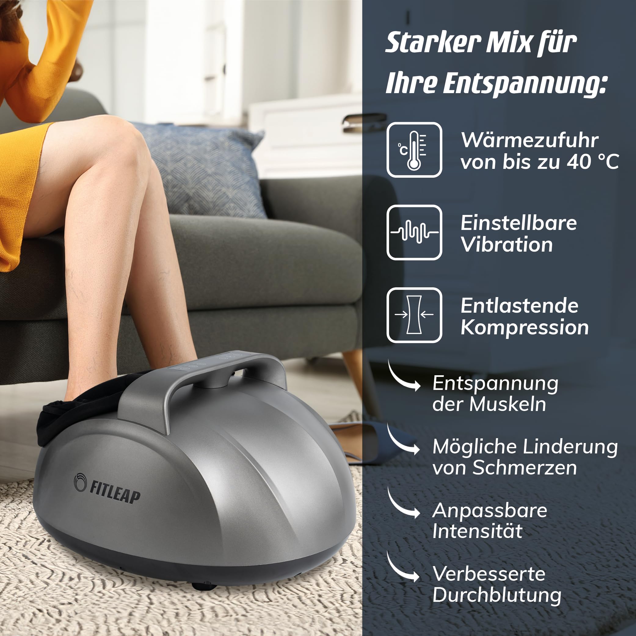 Fitleap Shiatsu Fußmassagegerät, Wärmefunktion bis 40 Grad für kalte Füße | 5 Programme, 9 Intensitätsstufen und 3 Vibrationsstufen. Fördert die Durchblutung, Einlagen waschbar, mit Fernbedienung