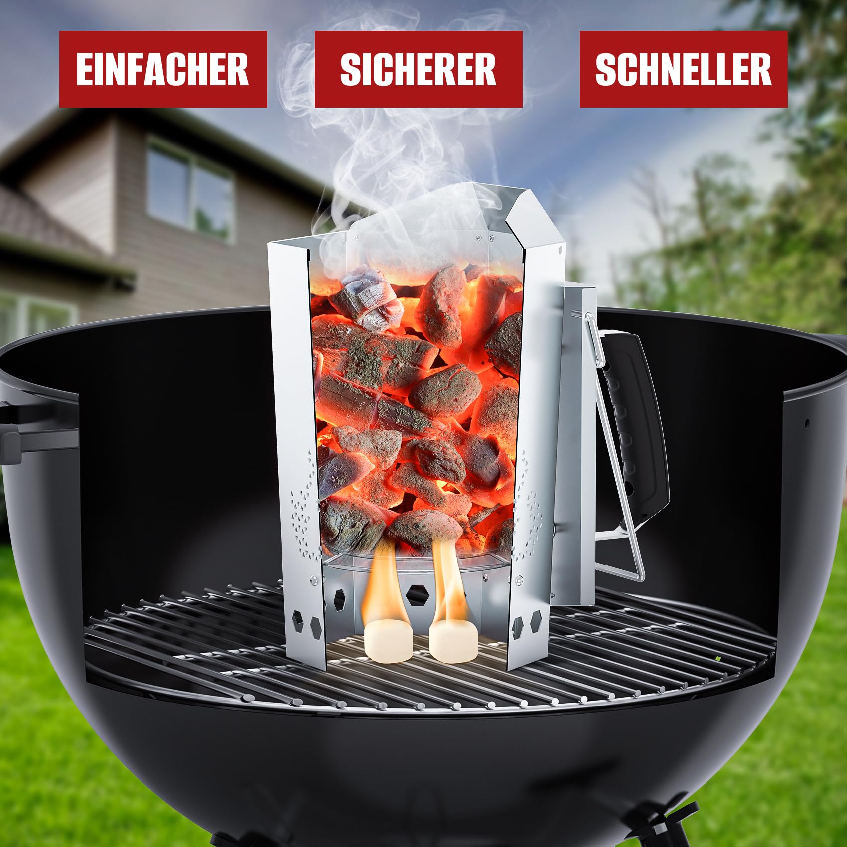 onlyfire Anzündkamin Stahl, Kompakter Grillkohleanzünder mit Griff Hitzeschutzblech, Haltebügel, Rapidfire Grillstarter für Holzkohlegrills, Rapidfire Chimney Starter, Kohlestarter für Holzkohle