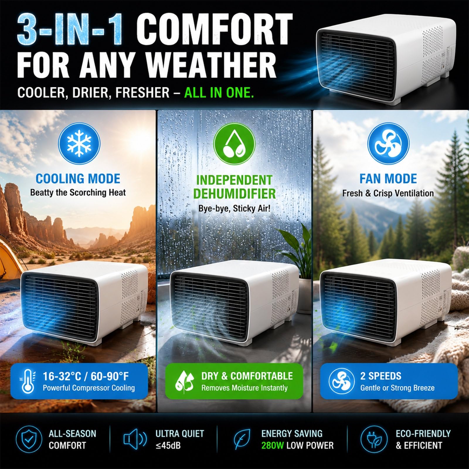Aire Acondicionado Portátil Camping, 2700 BTU Mini Clima para Tienda de Campaña, Aire Acondicionado con Compresor Real, 280W para Camper, Van & Viaje
