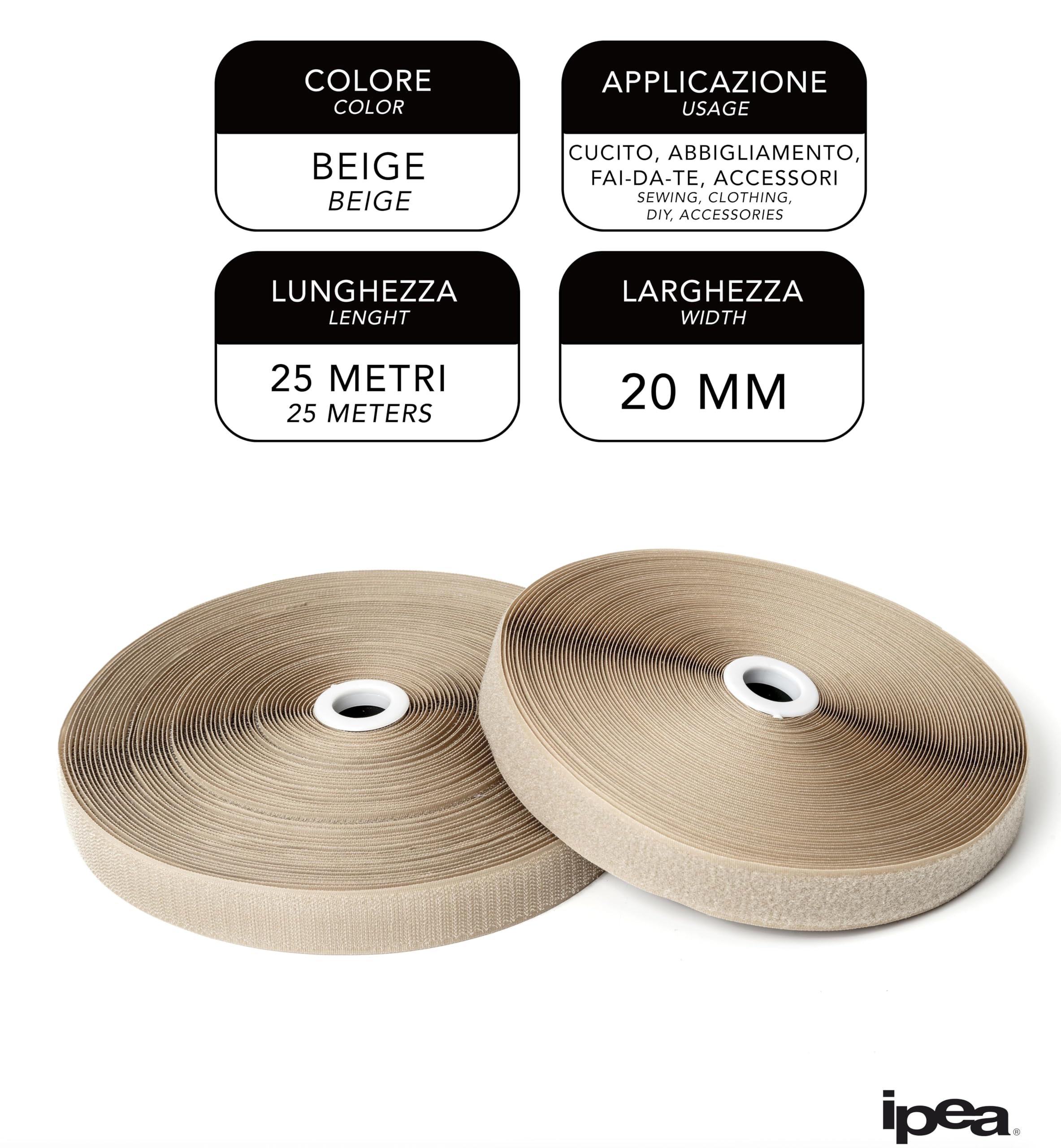 IPEA Ruban à déchirer (non adhésif) à coudre - 25 mètres x 20 mm - Bande de couture extra forte pour décoration de maison vêtements - Corde crochet et anneau - Couleur beige