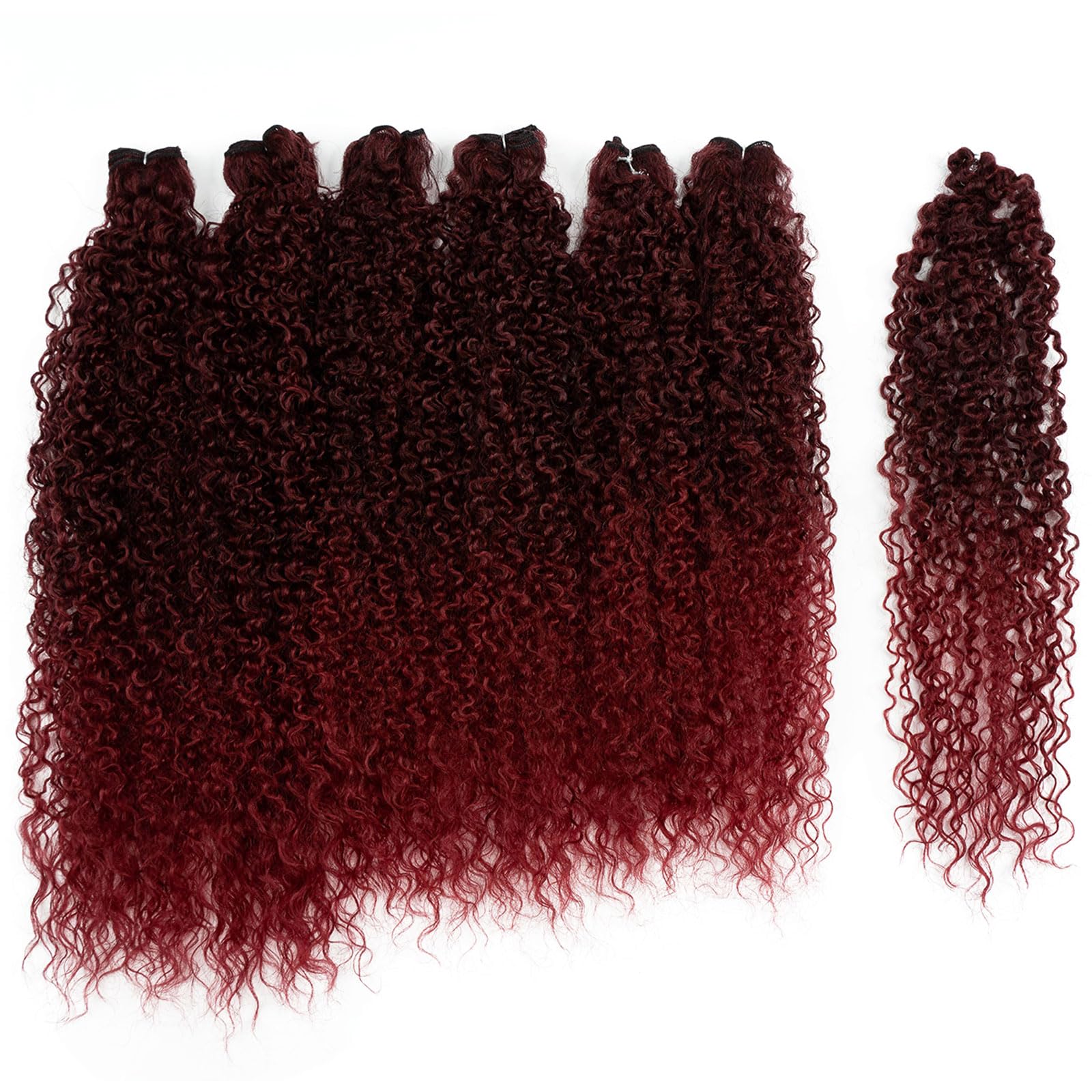 DÉBUT Synthetic Hair 7pcs Kinky Curly 22 24 26 Inches Gradient Burgundy 6 Bundles Tight Curly Hair with 1pc Crochet Hair for Women Ombre Red Color