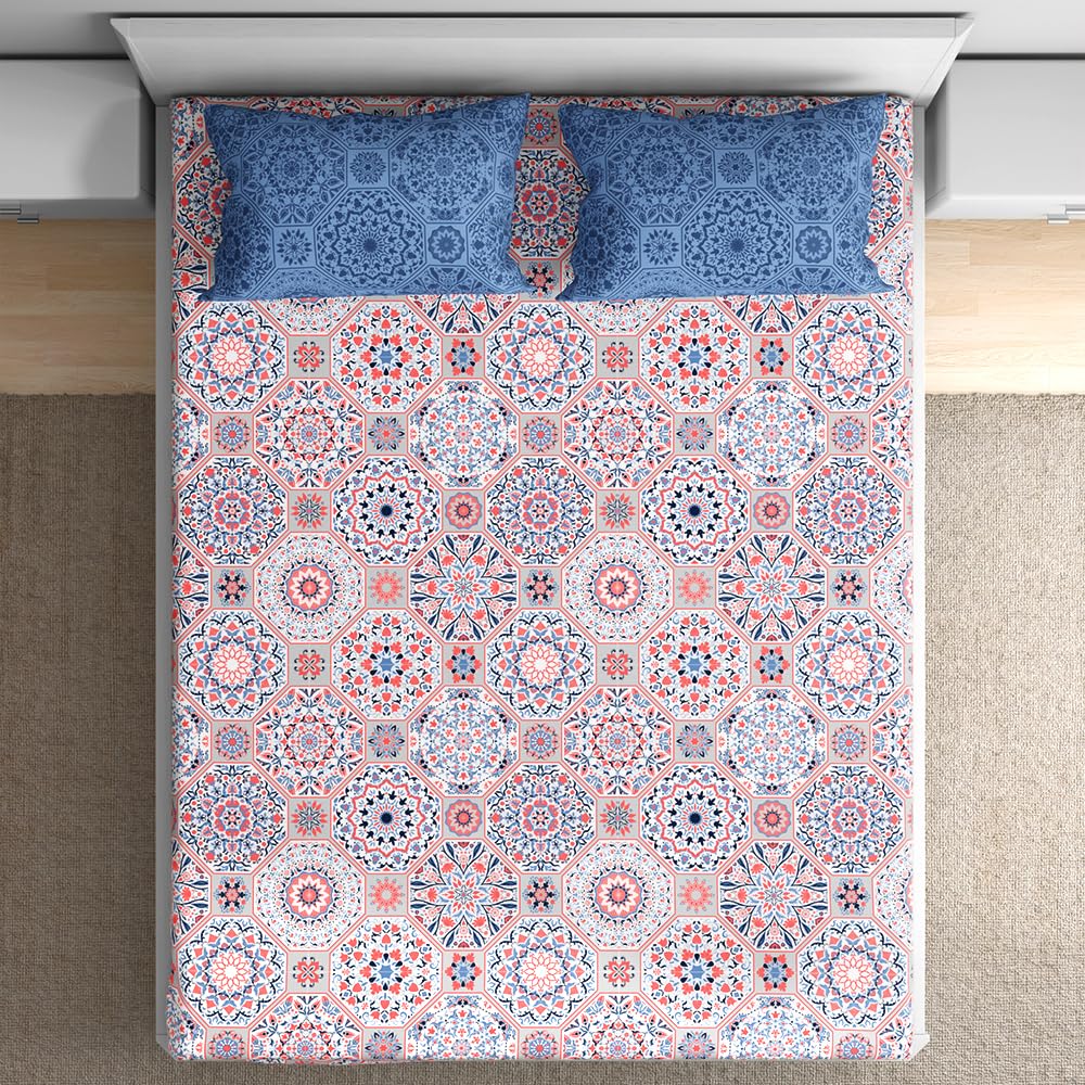 Wakefit Cotton Fitted Bedsheet | 200 TC Elastic Fitted Sheet, King Bed Bedsheet Ethnic Motifs with 2 Pillow Covers | Karol - 72X70 Inches,Assorted