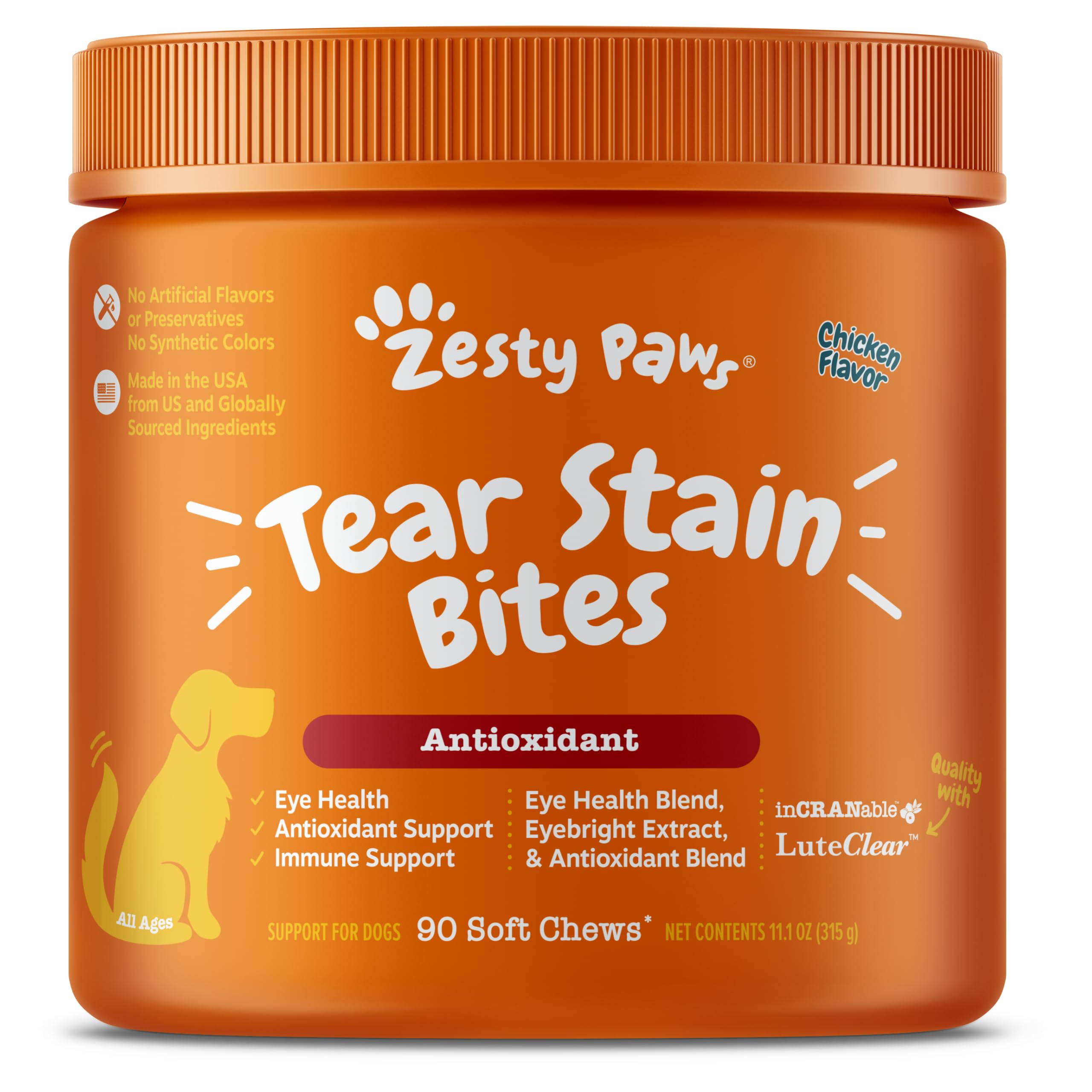 Zesty Paws Tear Stain Support Soft Chews for Dogs - for Eye Moisture + Vision & Immune Support - Functional Supplements with Fish Oil, Lutein, Cranberry & Vitamin C - Chicken Flavor - 90 ct