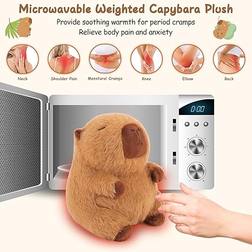Miniatura 3 de Almohadilla térmica para microondas para calambres menstruales, felpa de Capybara pesada, 2 libras de peluche de Capybara calentable y refrigerable,