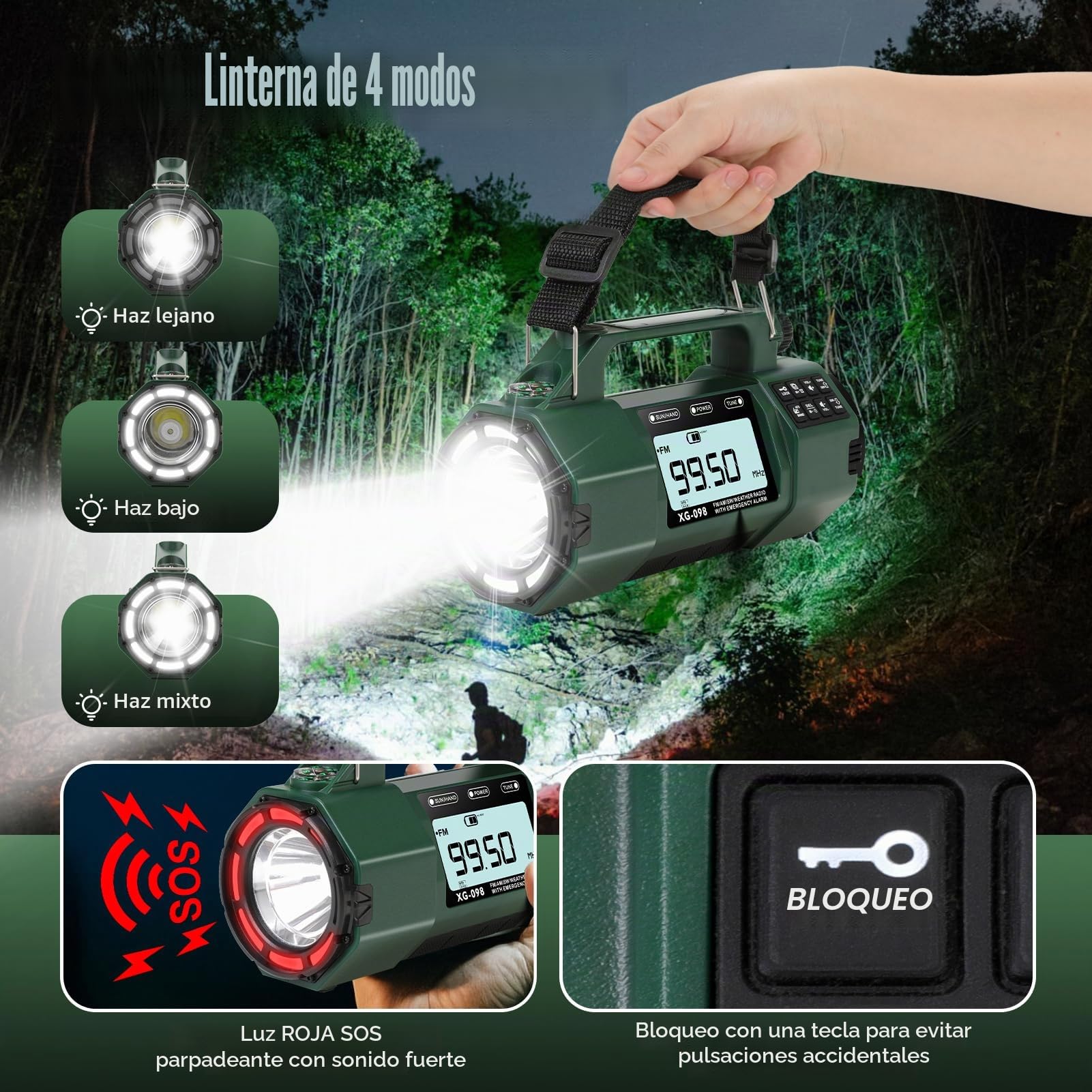 Radio meteorológica de emergencia, batería reemplazable 5000mAh, radio solar de manivela con alerta AM/FM/SW/NOAA, reloj despertador, temporizador, brújula, cargador de teléfono móvil, conector para