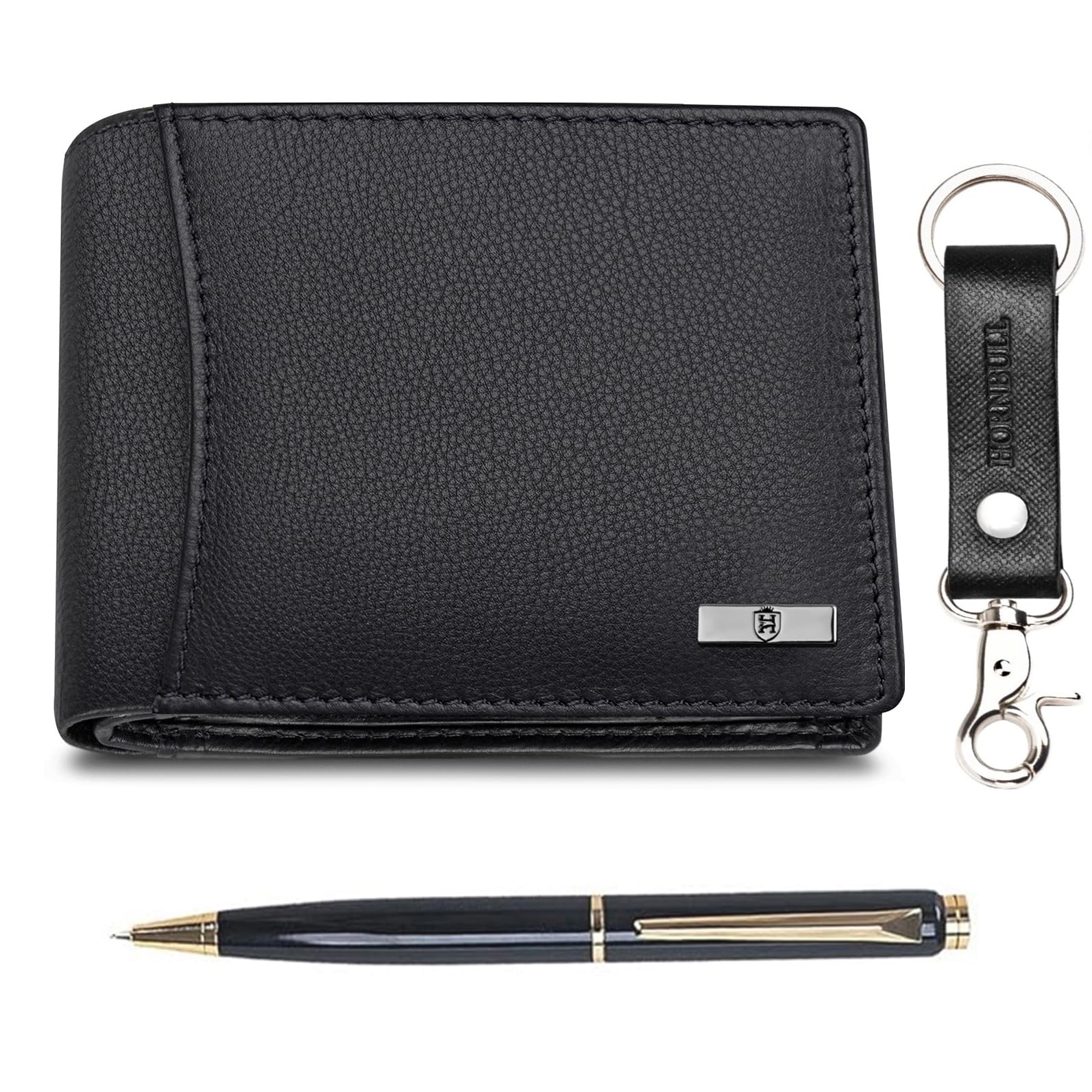 HORNBULL Themes Black Mens Leather Wallet, Keyring & Pen Combo Gift Set for Men | Wallet Men Leather Branded Valentine's Day Gift
