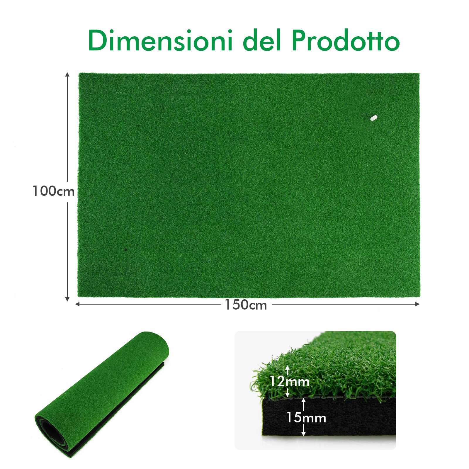 COSTWAY Tappetino da Golf Pratica 150 x 100 x 2,7 CM, Tappetino per Allenamento Golf con Erba Sintetica e 2 Fori, 3 Tee, Putting Mat Green per Uso Interno ed Esterno