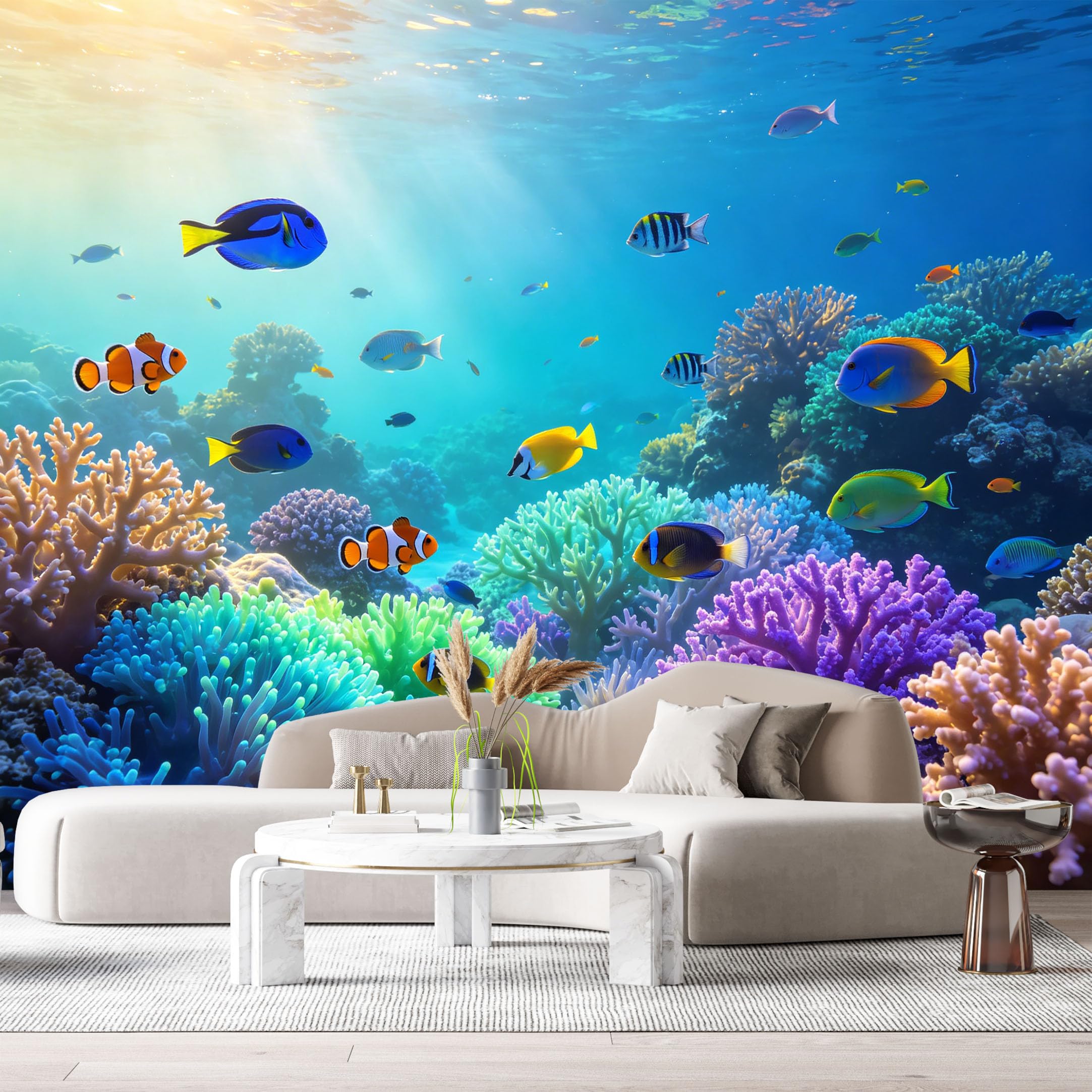 Custom Size Wall Murals Ocean Marine Tropical Coral Reef Colorful Exotic Fish SelfAdhesiveWall Fabric Removable Wallpaper Wall Decor for Living Room Bedroom Bathroom