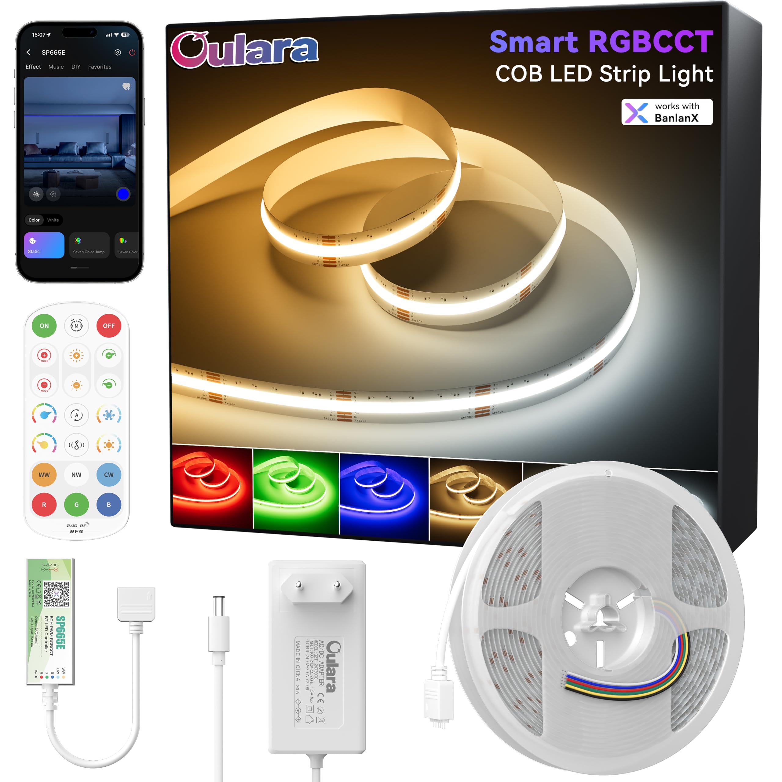 OULARA Smart RGBCCT COB Striscia LED da 6m,Dimmerabile RGB+WW/CW 2700K-6500K 24V kit Striscia LED con Controllo APP/Telecomando RF,Controllo di Gruppo,Modalità Musica per Decorazioni fai da te