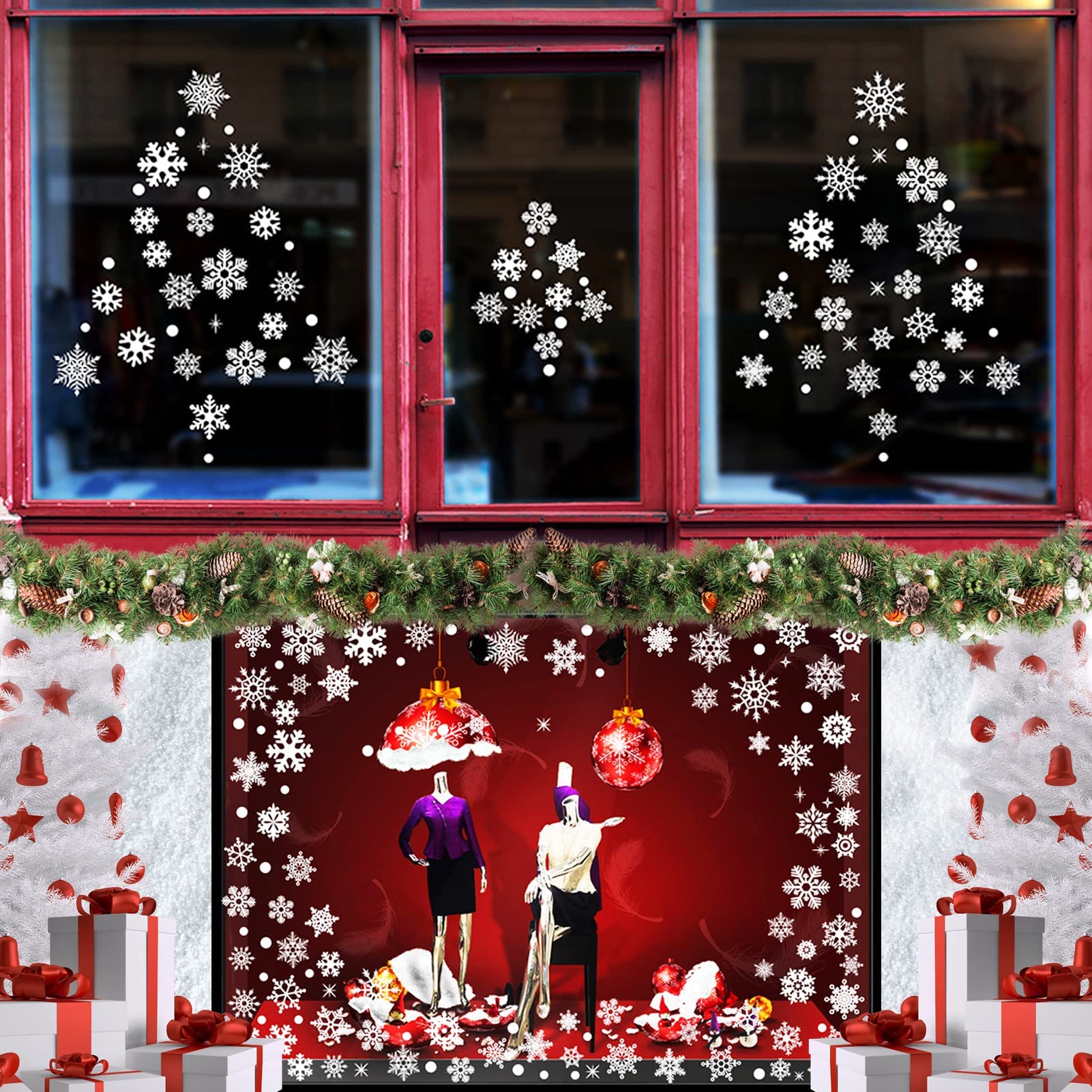140 stuks kerst sneeuwvlokken raamstickers wit klampt statische sneeuwvlokken herbruikbare stickers decoraties voor kerstfeest, raam spiegel open haard (8 vellen