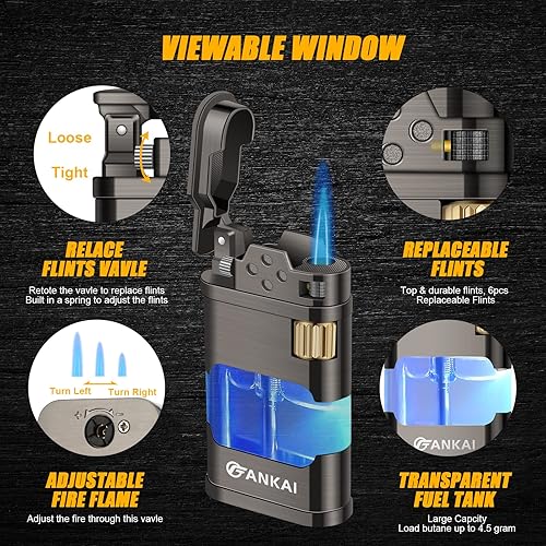 Miniatura 2 de FANKAI - Encendedor de butano con luz LED, encendedor de butano de un solo chorro con 6 pedernales reemplazables, encendedores fríos recargables con