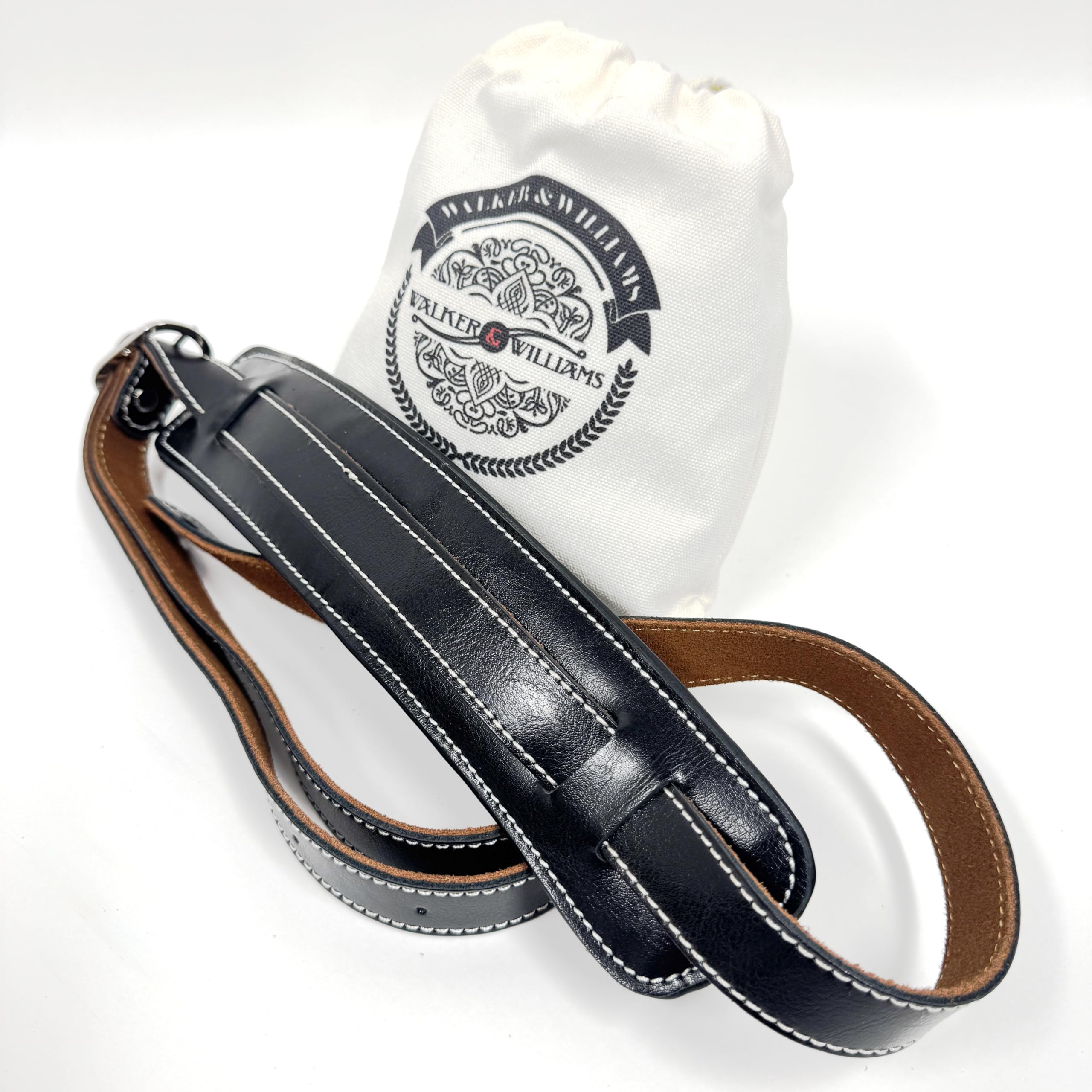 Walker & Williams C-18-BLK Vintage Style Premium Black Top Grain Soft Leather Shoulder Pad Guitar Strap Adjusts Up To 61" For Acoustic, Electric, And