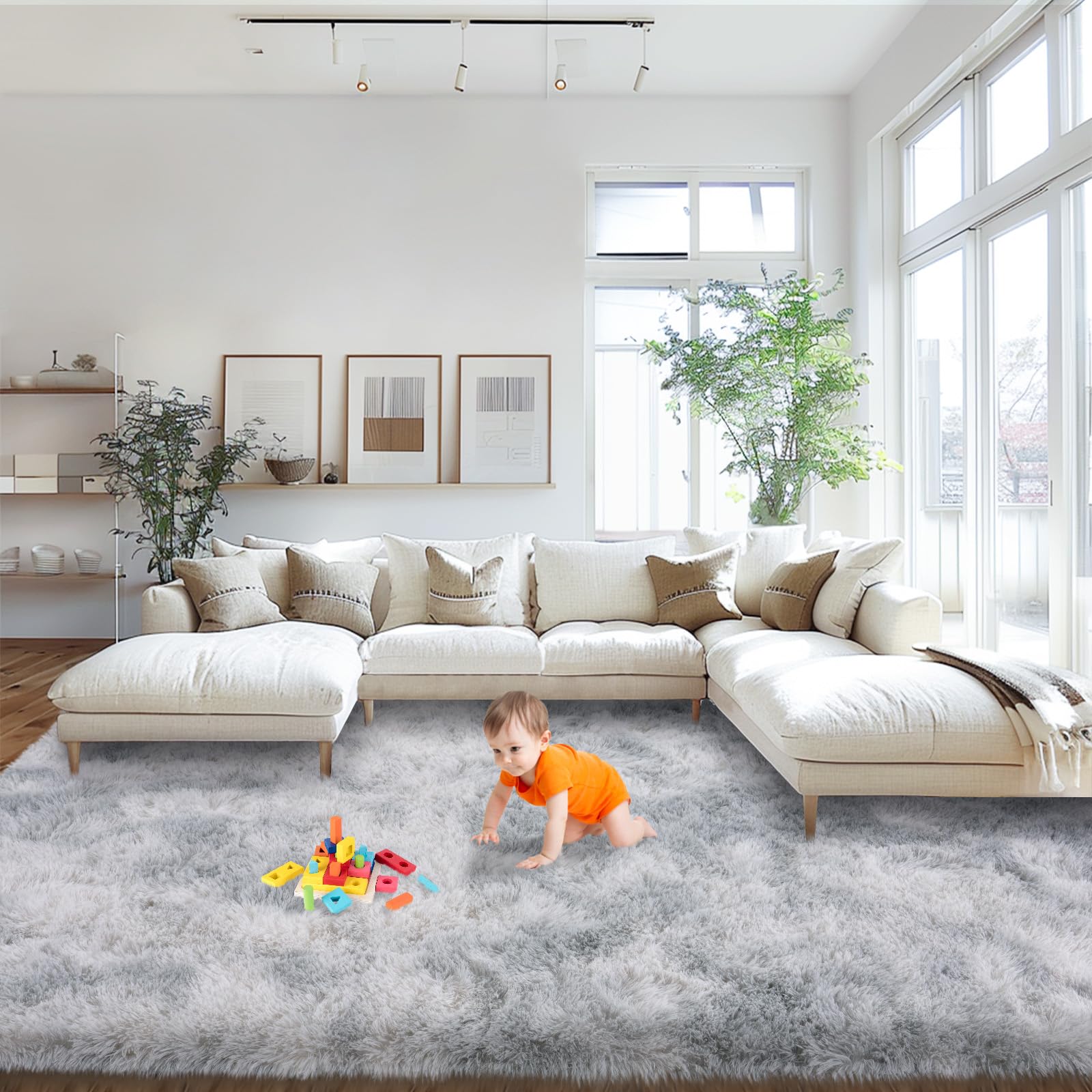 Mugorn Area Rugs 9x12 Living Room, Large Fluffy Rugs for Bedroom, Soft Carpet Shag Kids Room Rug, Non-Slip Fuzzy Rugs Indoor (Grey Tie-Dyed, 9ft x