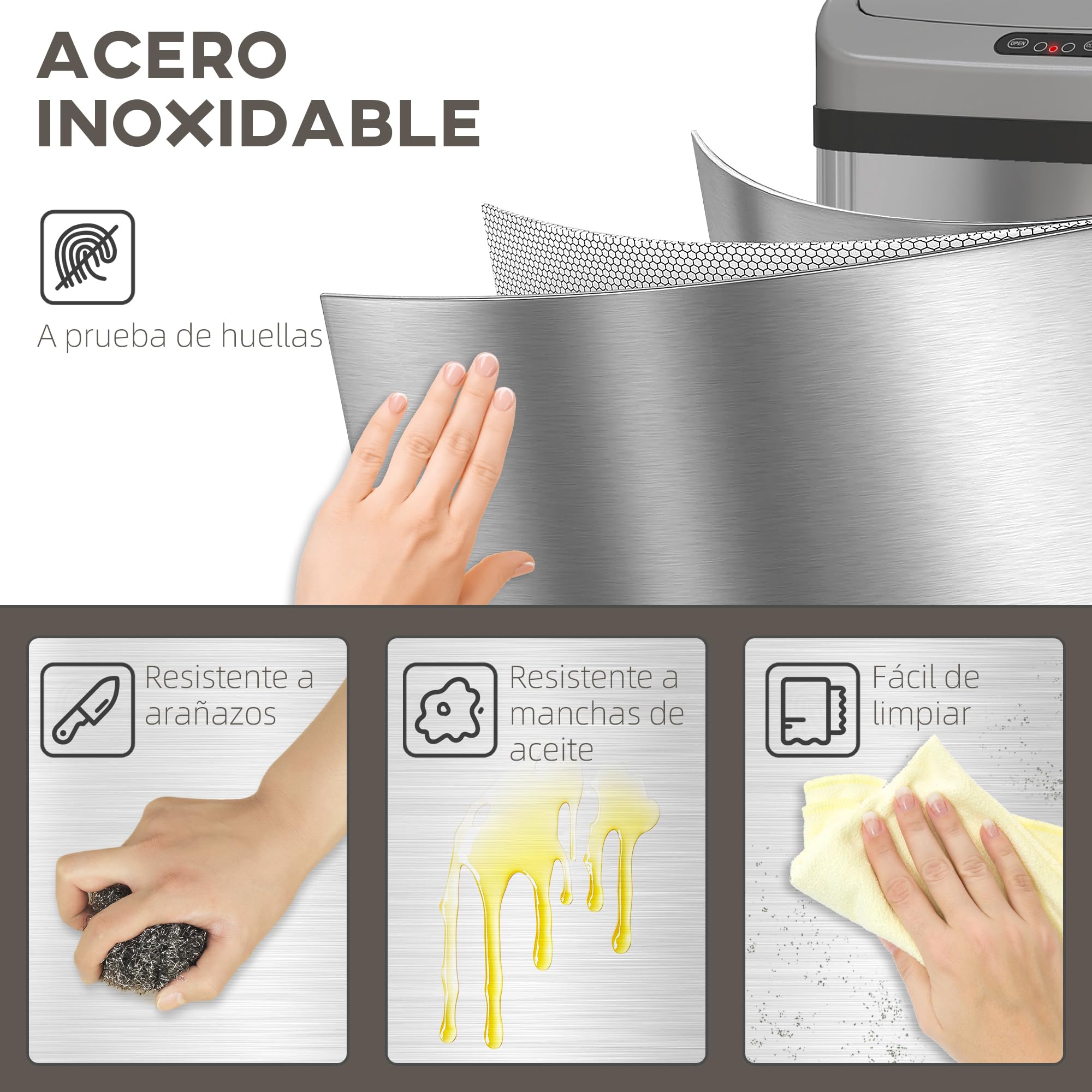 HOMCOM Cubo de Basura Cocina Automático 48 L Sensor Infrarrojo Plata | Papelera Cocina de Acero Inoxidable, Cierre Automático, Antihuellas, para Dormitorio, Oficina