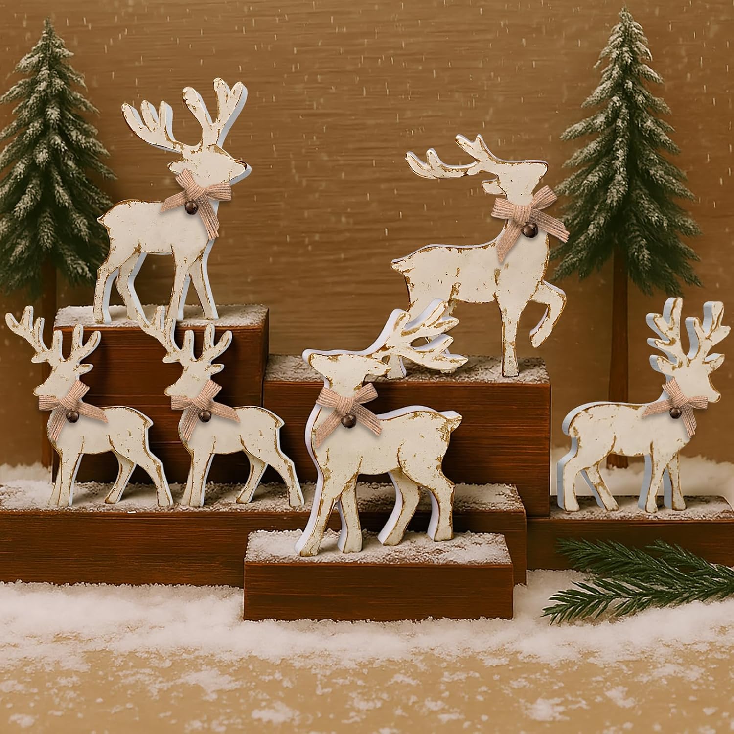 6 centros de mesa de madera de reno de Navidad para el hogar, bandeja escalonada de madera de ciervo de invierno para decoración de mesa interior,