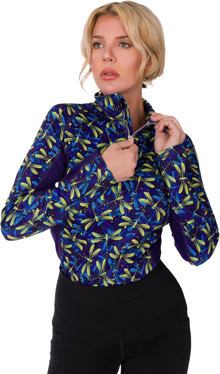 Women’s Printed Thermal Fleece Quarter-Zip Base Layer – Stretchy Long Sleeve Equestrian Riding Top for Cold Weather