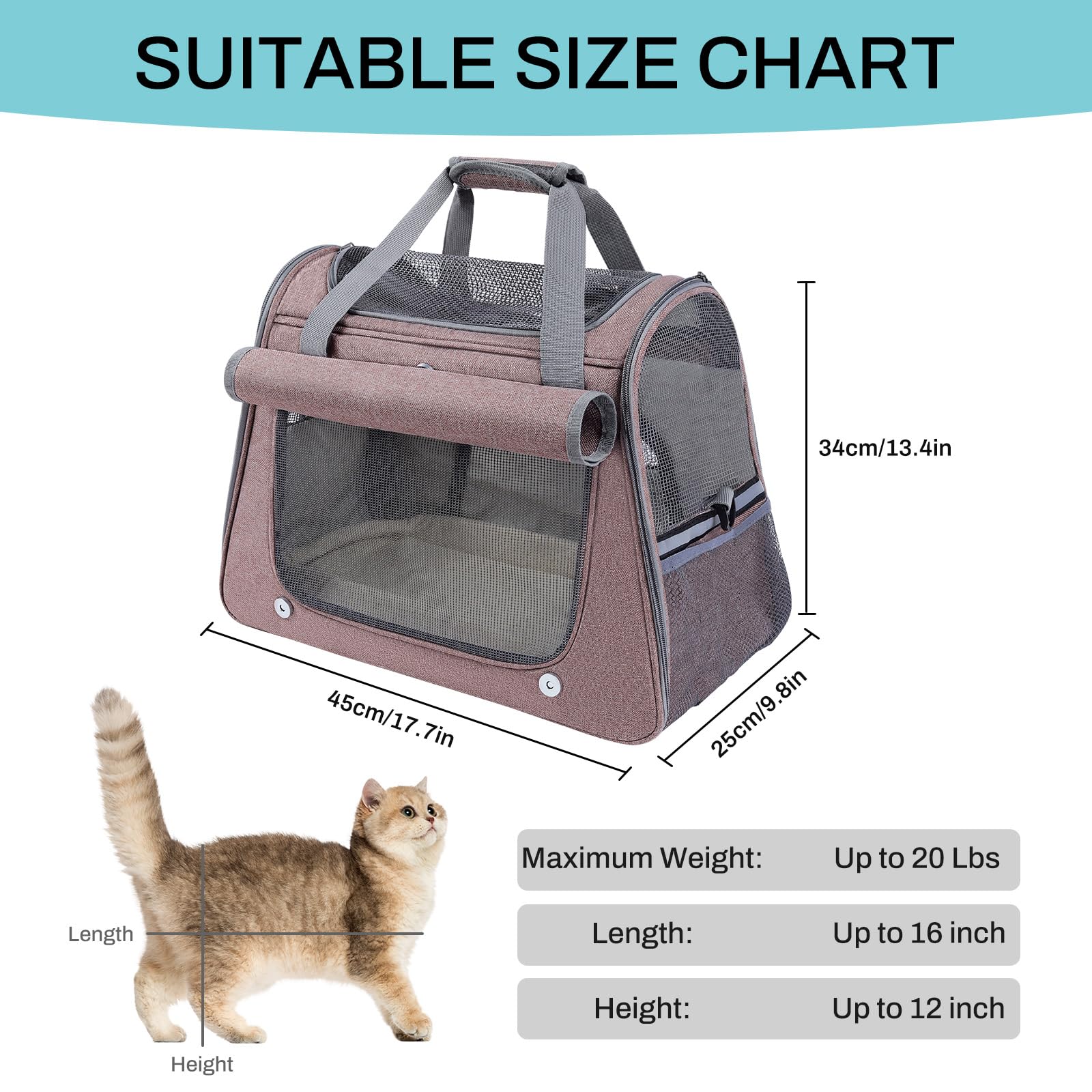 YooxArmor Transporttasche für Katzen & Kleinhunde,Katzentransportbox Hundetransportbox Faltbare für Reise & Auto,45 x 25 x 34 cm,Tragbar Hundebox Katze Tragetasche bis 9kg