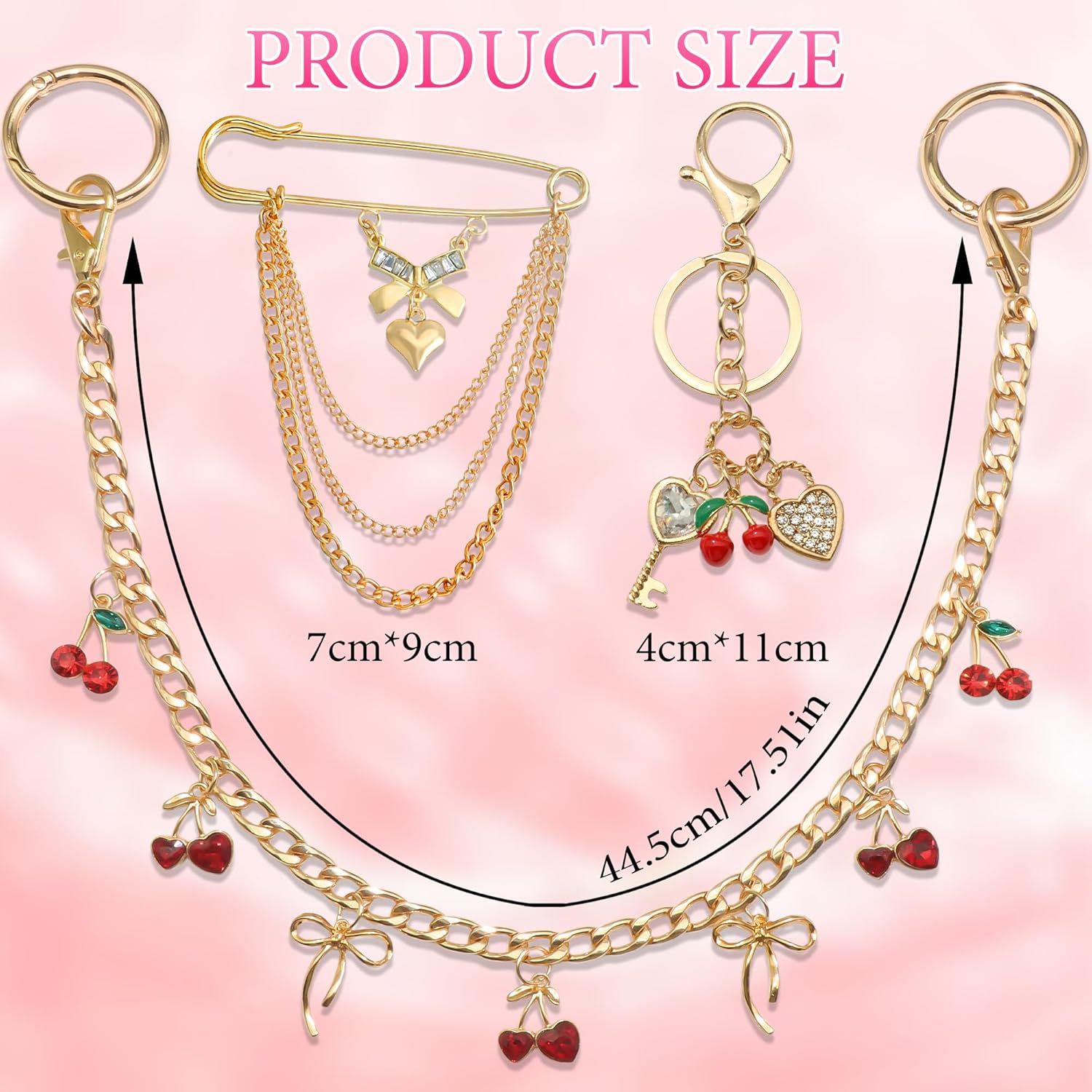 BELICEY Cherry Purse Charm Chain Cute Red Rhinestone Decorative Purse Chains Gold Bow Bag Charms for Handbags Safety Pin Keychain Sparkling Wallet Crossbody Shoulder Bag Accessories - Image 2