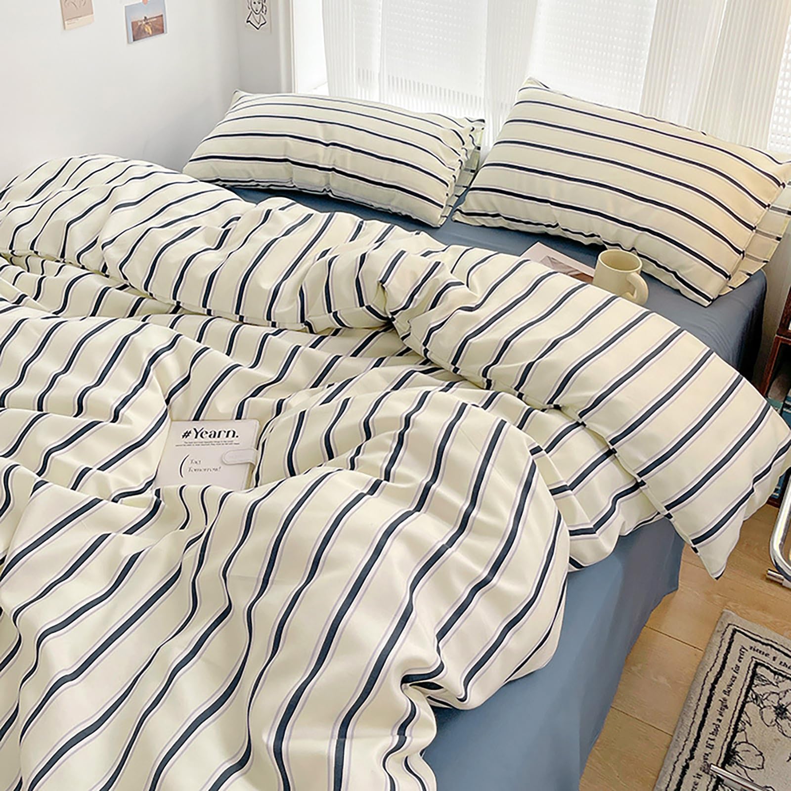 Tabeskly Boy Girls Kids Striped Reversible Bedding Single Duvet Cover Sets Bed Zipper Blue Green 135×200cm