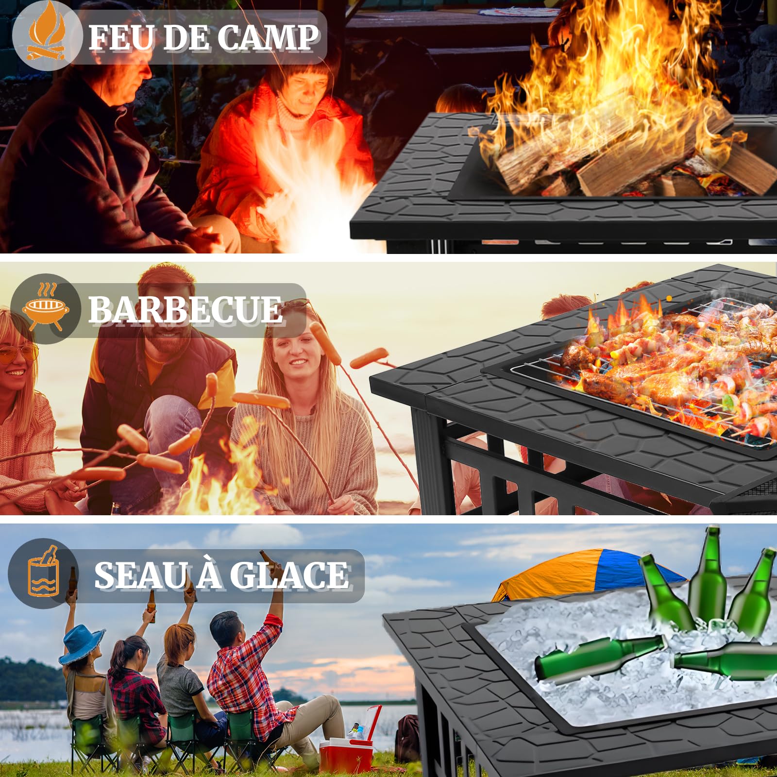 TLSUNNY Brasero Extérieur 3 en 1,Brasero Barbecue Carré avec Grille 81cm