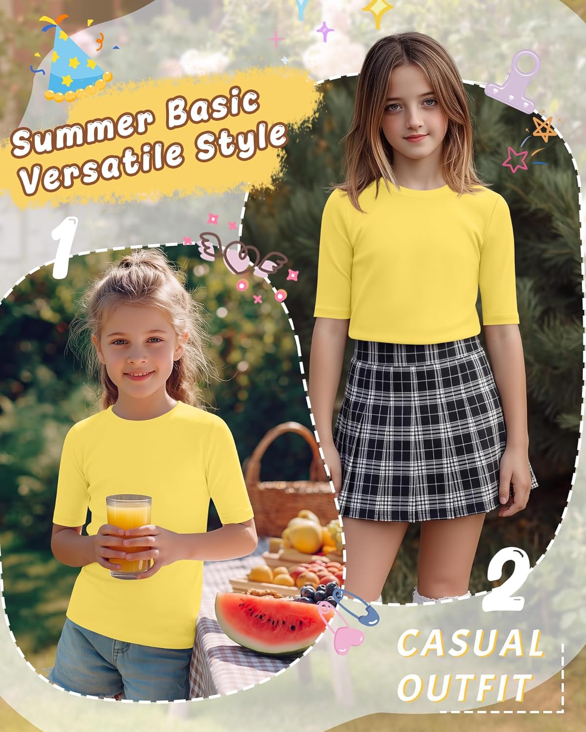 Girl T Shirts Kids Crewneck Top Tween Slim Fit Comfy Cute Blouse Basic Tees 5-14 Years Summer Clothes Yellow 9-10 Years image 4 of 4 B0GGBML53L