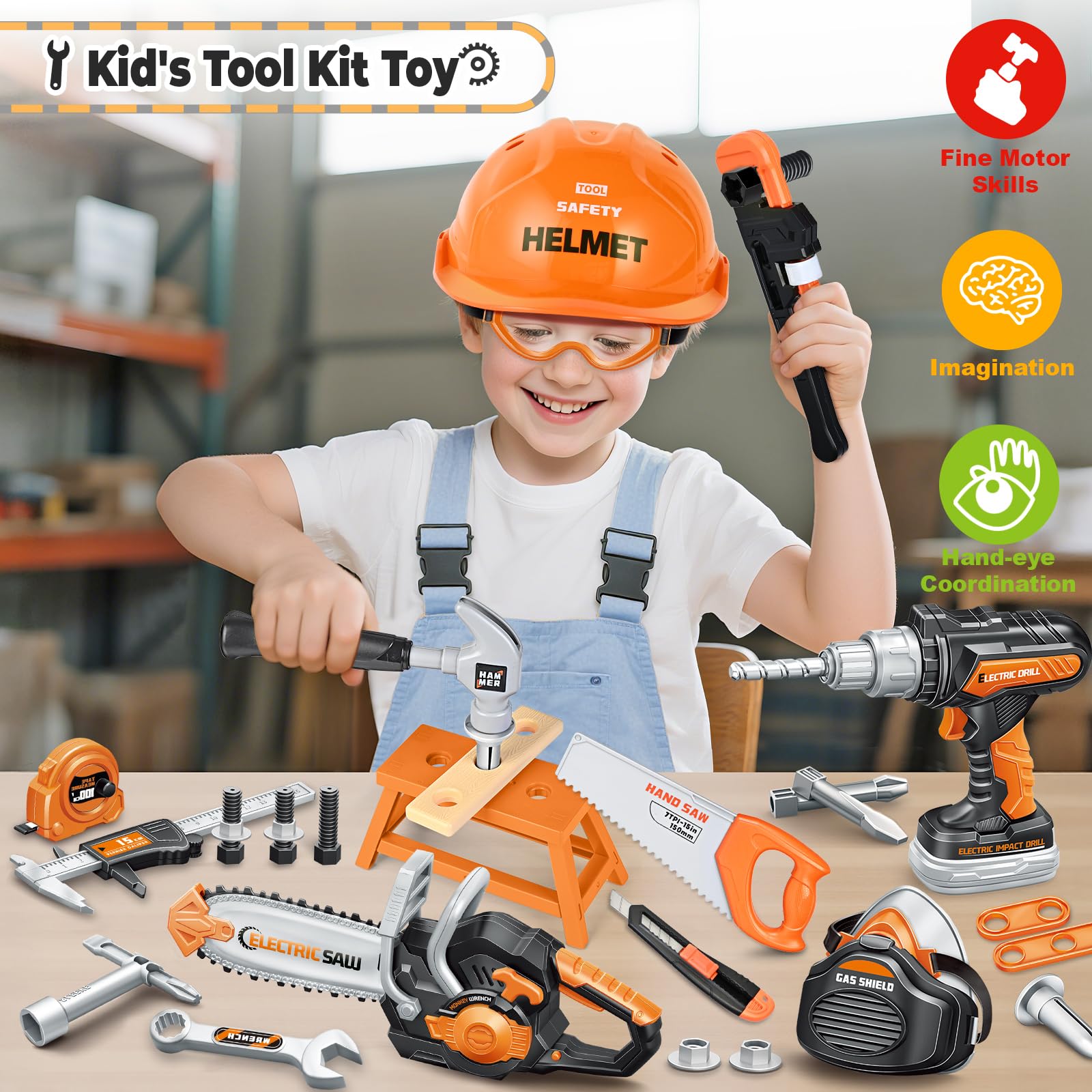 SpringFlower 51Pcs Kids Tool Set with Toy Chainsaw& Electronic Drill Toy, Toddler Tool Set, Construction Toys Tool for Kids age3,4,5,6,7,8, Tool Kit Toy for Christmas Birthday Gifts