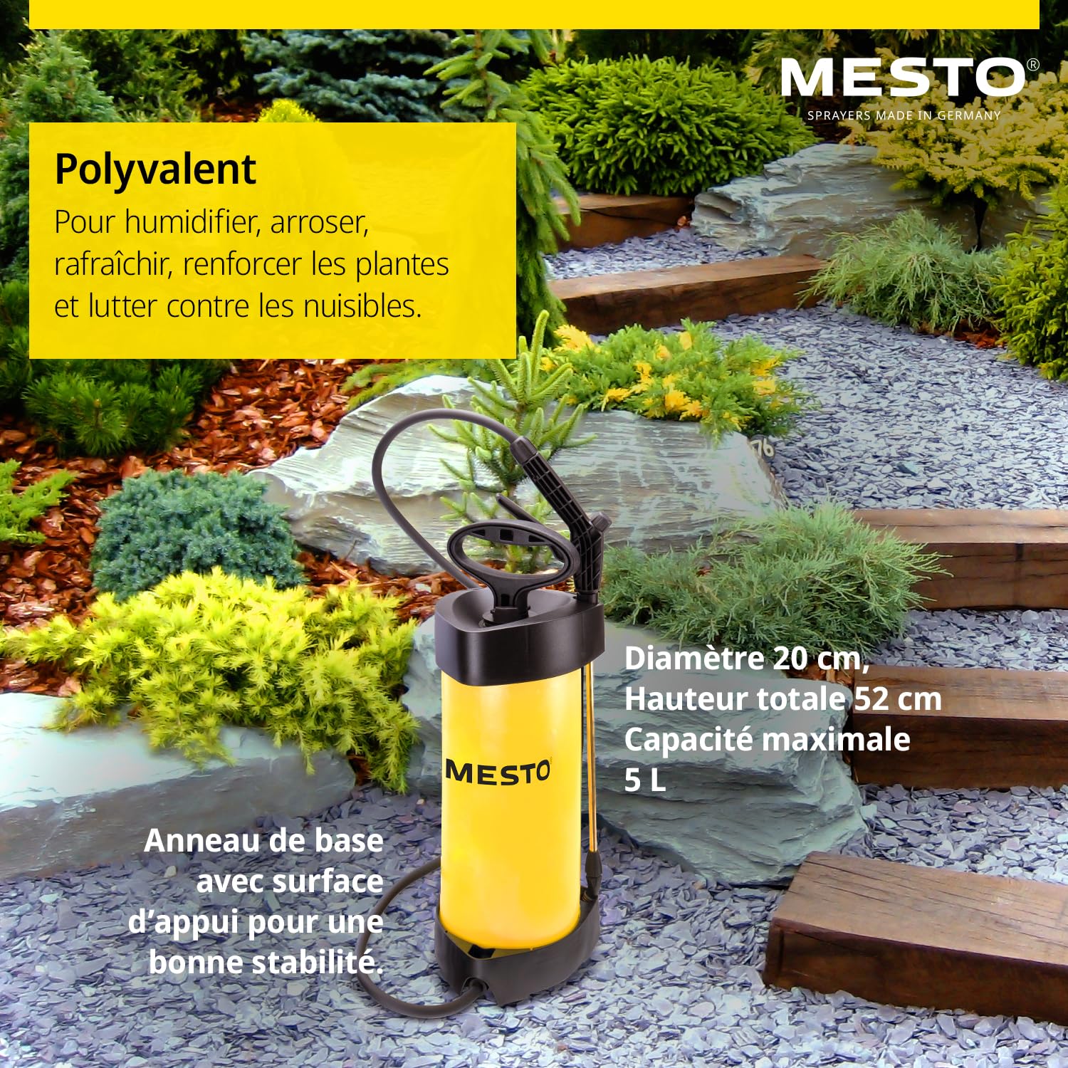 MESTO FLORI M Pulvérisateur à pression 5 L avec écran de pulvérisation rond | Pulverisateur de jardin et plantes | Pulvérisateur à main 3 bar pour arrosage, désherbage et protection des plantes