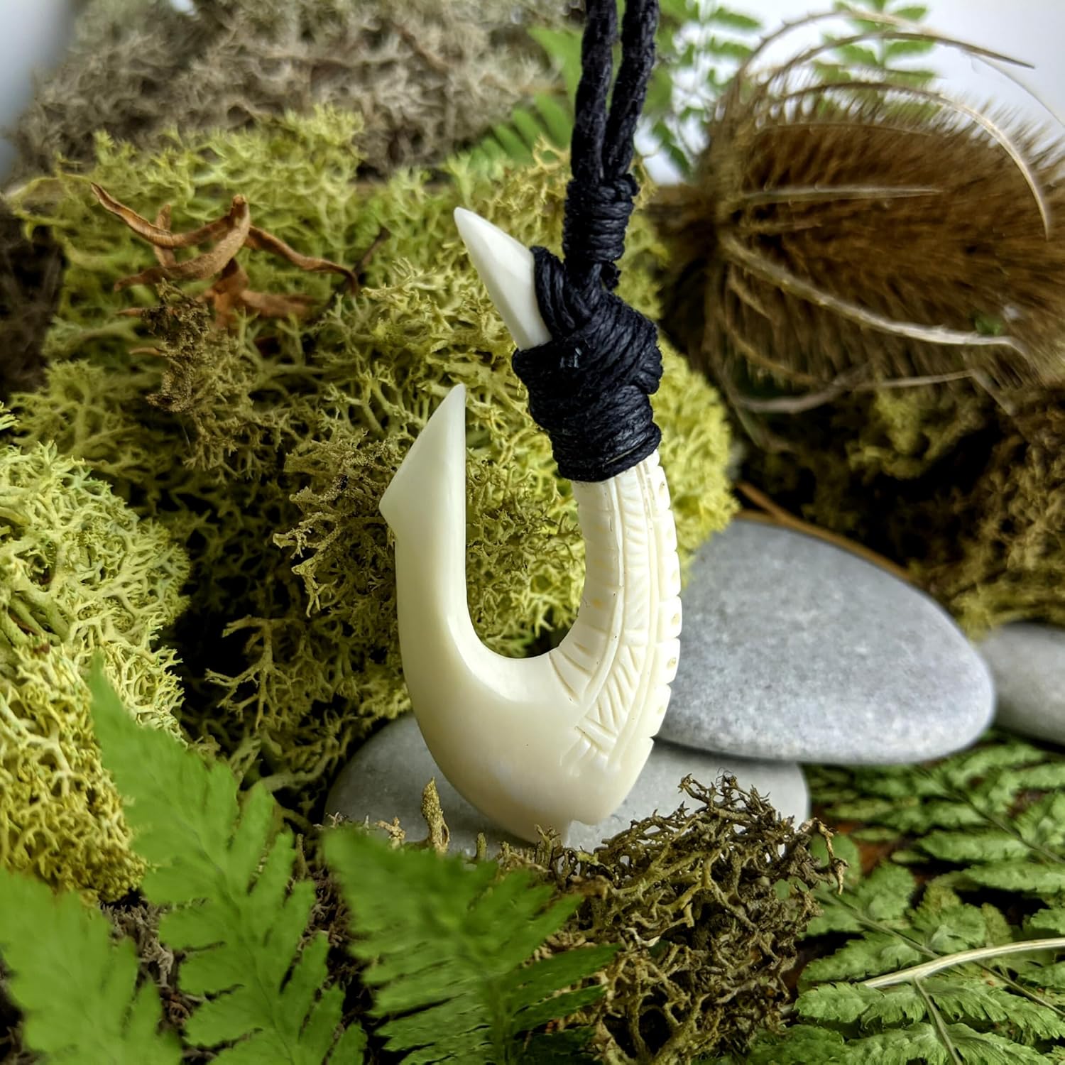 81stgeneration Large Hand-Carved Bone HEI Matau Pendant - Men's Surfer Accessory - Handmade Maori-Style Fish Hook Cord Necklace - Fishing Amulet - Natural Bone Tribal Jewelry for Women - Image 5
