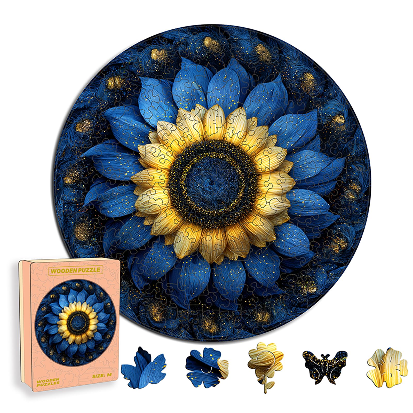 Wooden Puzzles for Adults, Blue Flower Jigsaw Puzzles, Unique Plants Adult Puzzles, Irregular Creative Gift for Family Game,Christmas Birthday Gifts Home Decor
