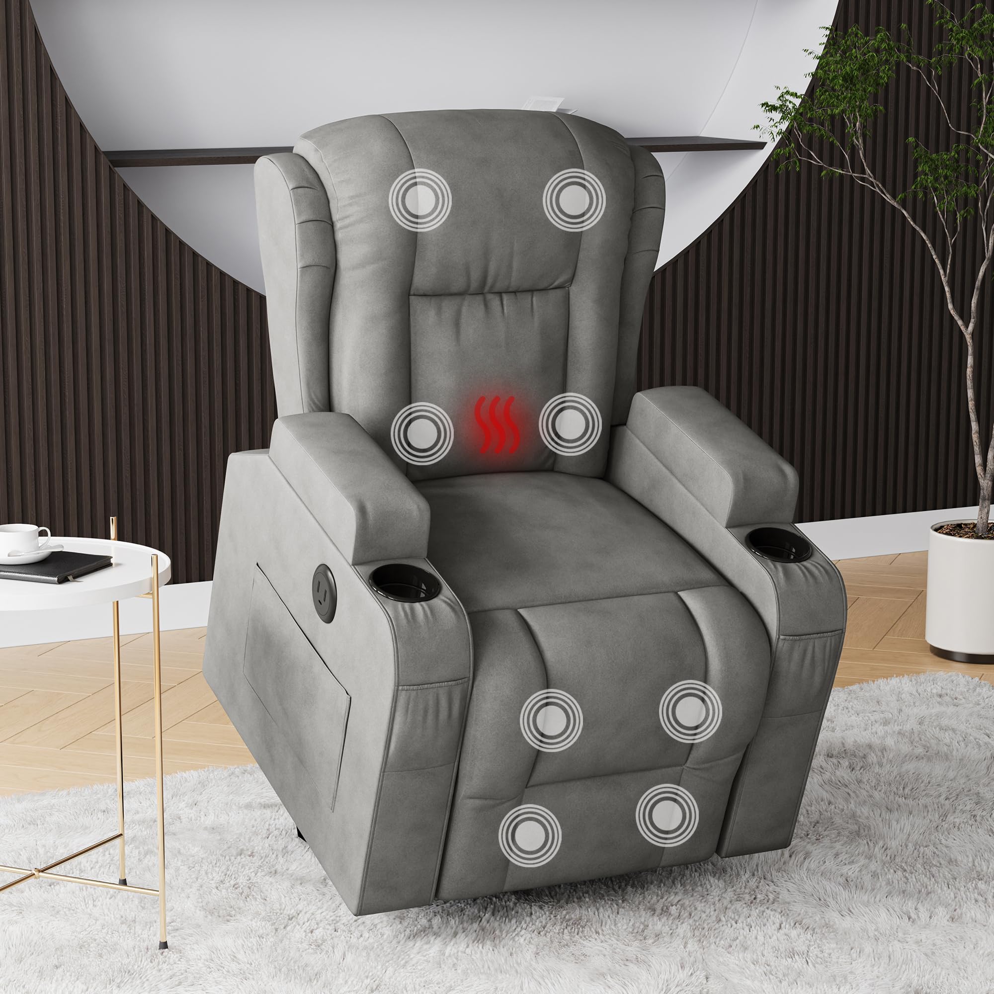 Fauteuil Releveur Électrique,8 Points de Massage Vibrants,Fonction de Chauffage et Chargement USB,Fauteuil Relax Electrique avec Dossier Inclinable 160° et Porte-Gobelet, Gris