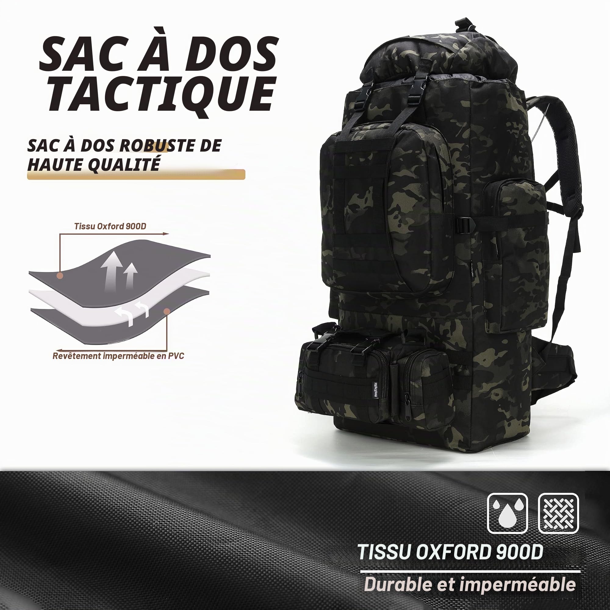 Sac à dos de randonnée et camping 100 L, sac à dos tactique militaire Molle, imperméable et léger