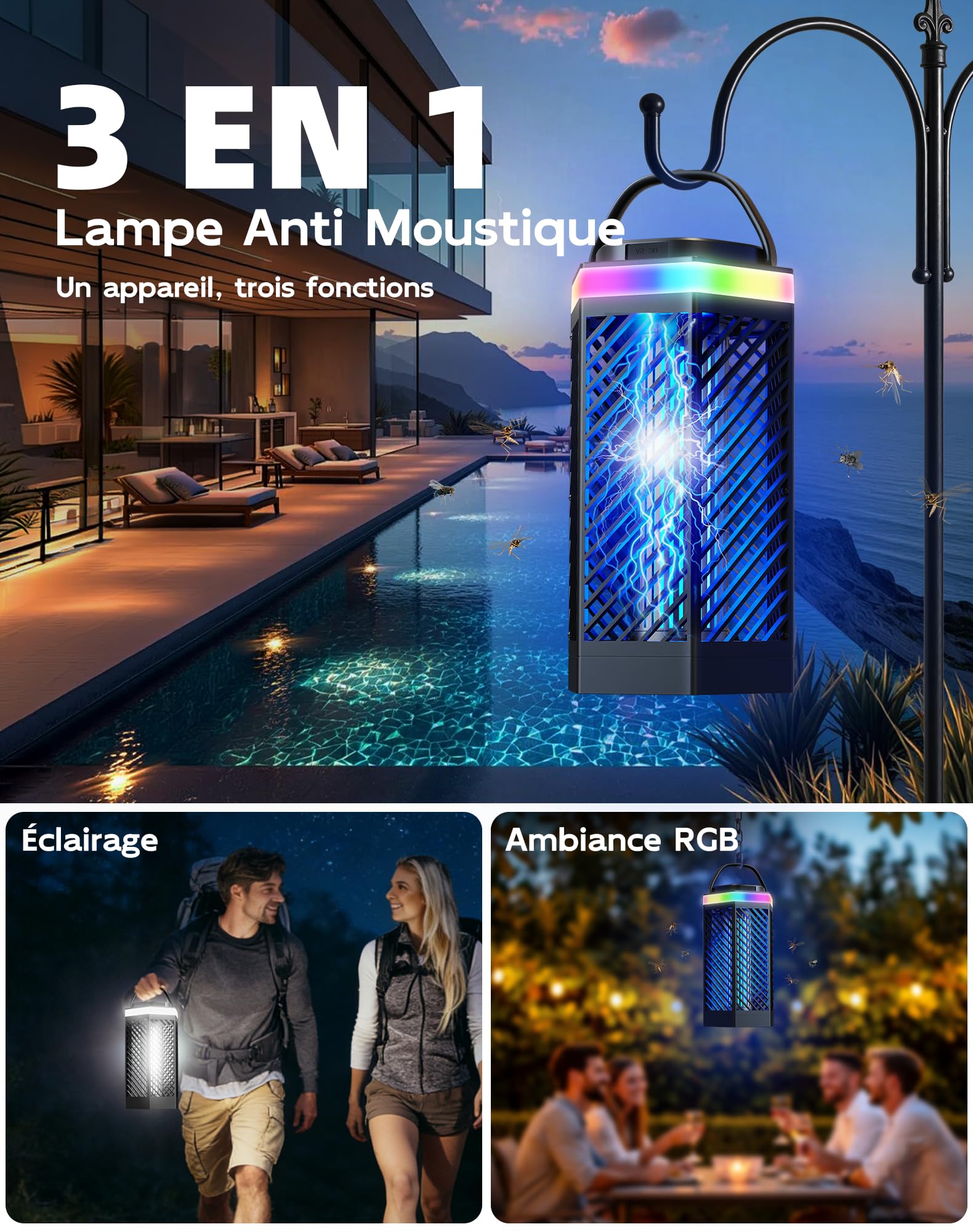 Lampe Anti-Moustique Rechargeable Tue Mouche Électrique LED 8000mAh IPX4 Destructeur d'Insectes