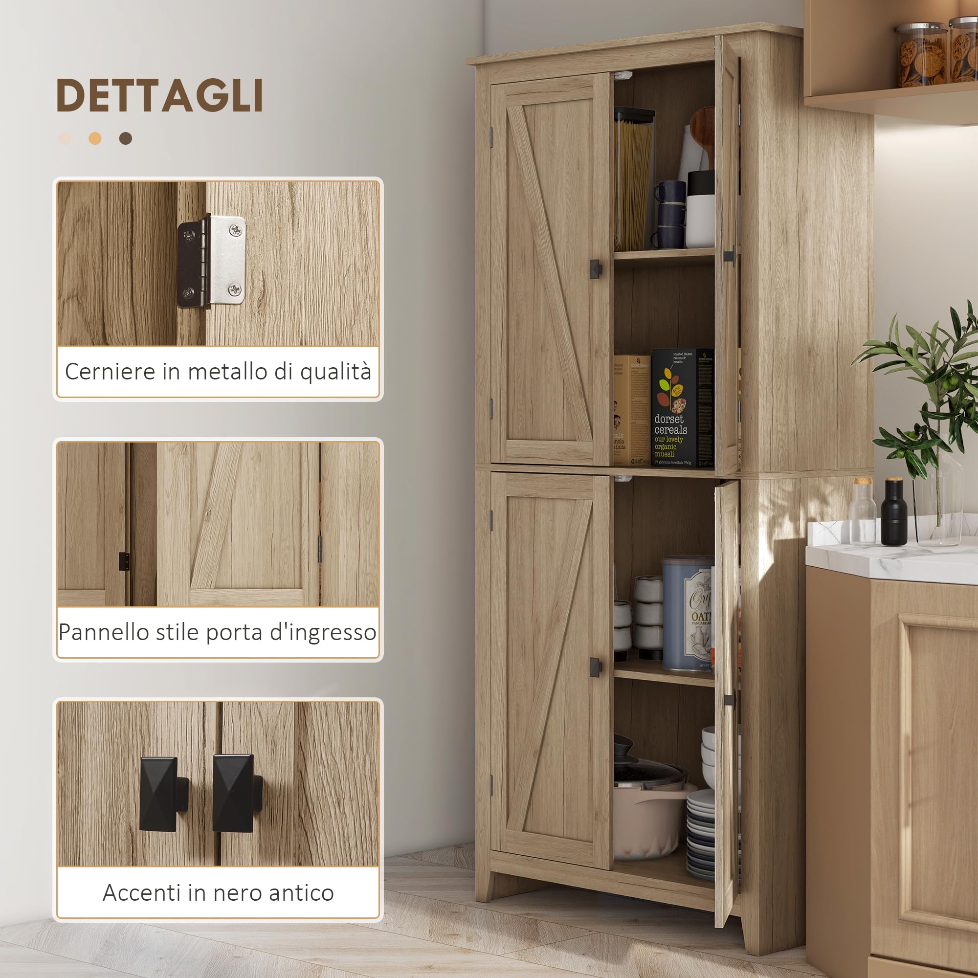 HOMCOM Credenza Moderna a 4 Ante con Mensole Regolabili e Base Rialzata, Mobile Cucina in Legno, 80x40x182 cm, Color Legno