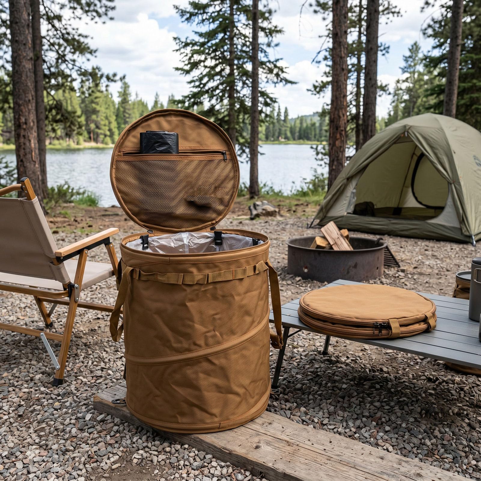 Bote de Basura Plegable, Contenedor de Almacenamiento Emergente Portátil Resistente de 62L para Aventuras Al Aire y Organización del Hogar (BROWN)