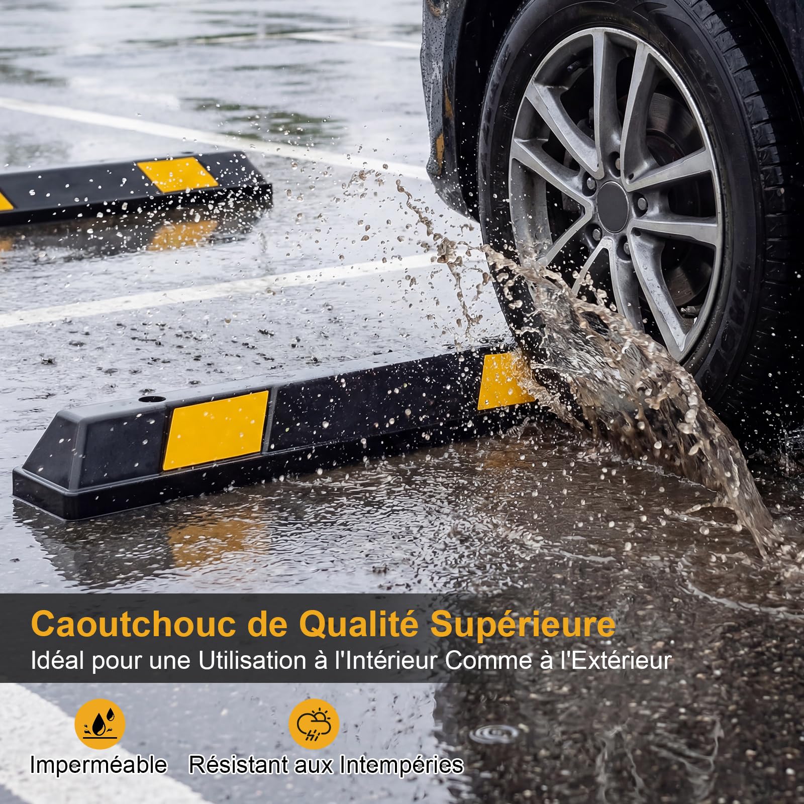 COSTWAY Butée de Stationnement 184 x 15 x 10 cm, Butée de Roue en Caoutchouc avec Bande Réfléchissante Jaune Charge 3000 KG, pour Garage Parking, Voiture Camion Remorque