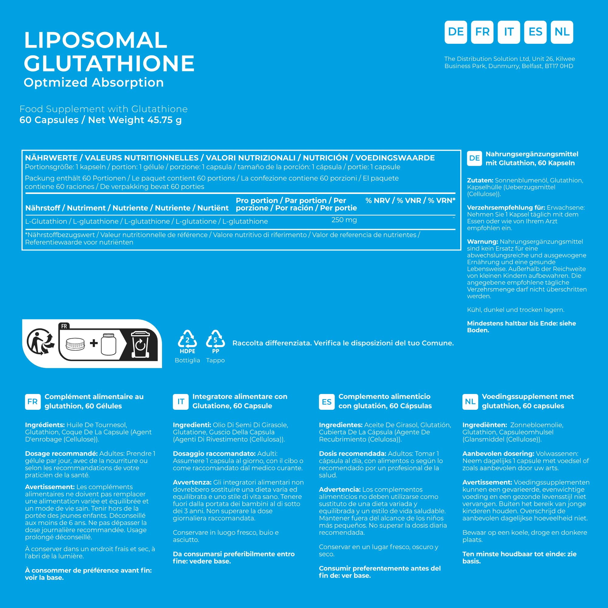 BodyBio Liposomal Glutathione - Hochwertiges Antioxidans mit Liposomaler Technologie für Optimale Aufnahme, 60 Glutathione Kapseln