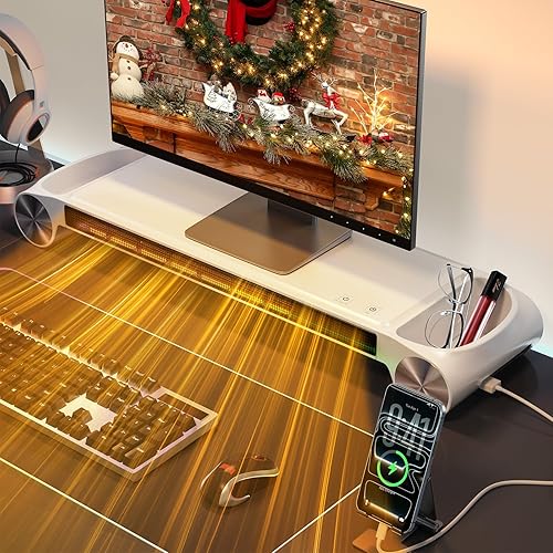 Calentador de espacio de escritorio de 330 W, calentador de escritorio 2 en 1 y soporte para monitor con puerto de carga y espacio de