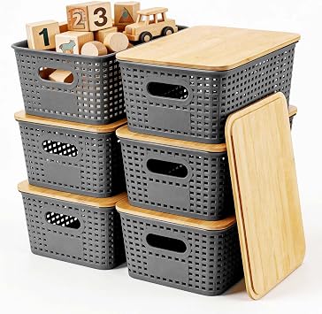 6 Pcs Plastic Storage Box with Bamboo Lid