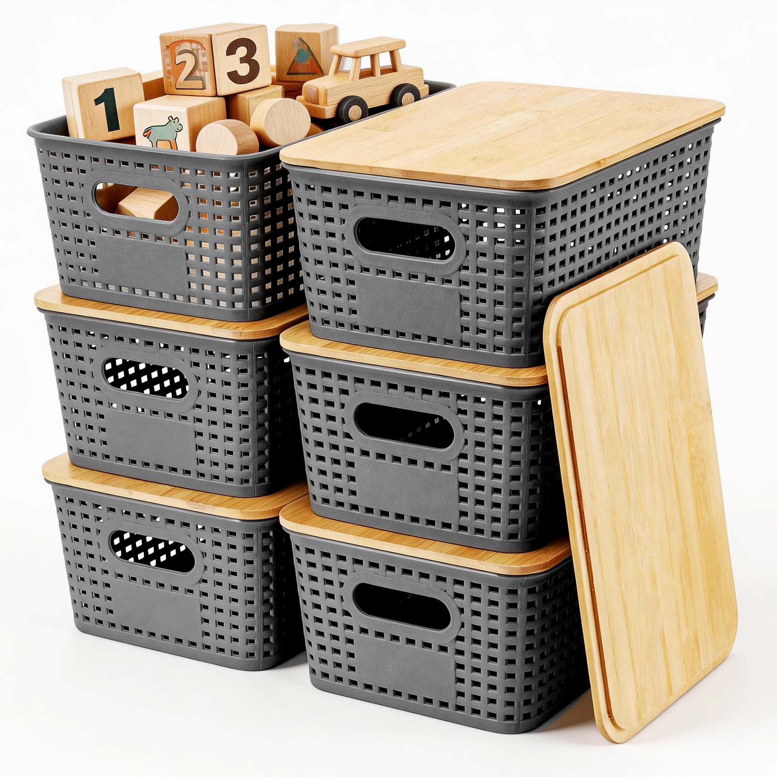 Zourglow 6 Pcs Plastic Storage Box with Bamboo Lid, 5L Stackable Storage Boxes Grey, Storage Bins Containers for Kitchen, Wardrobe, Bathroom, Office, Cabinets