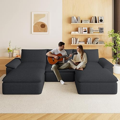 Miniatura 13 de Sofás modulares de 113.03 pulgadas para sala de estar, sofá modular moderno con sofás en forma de L, sofá tapizado de pana sin hueso, asiento