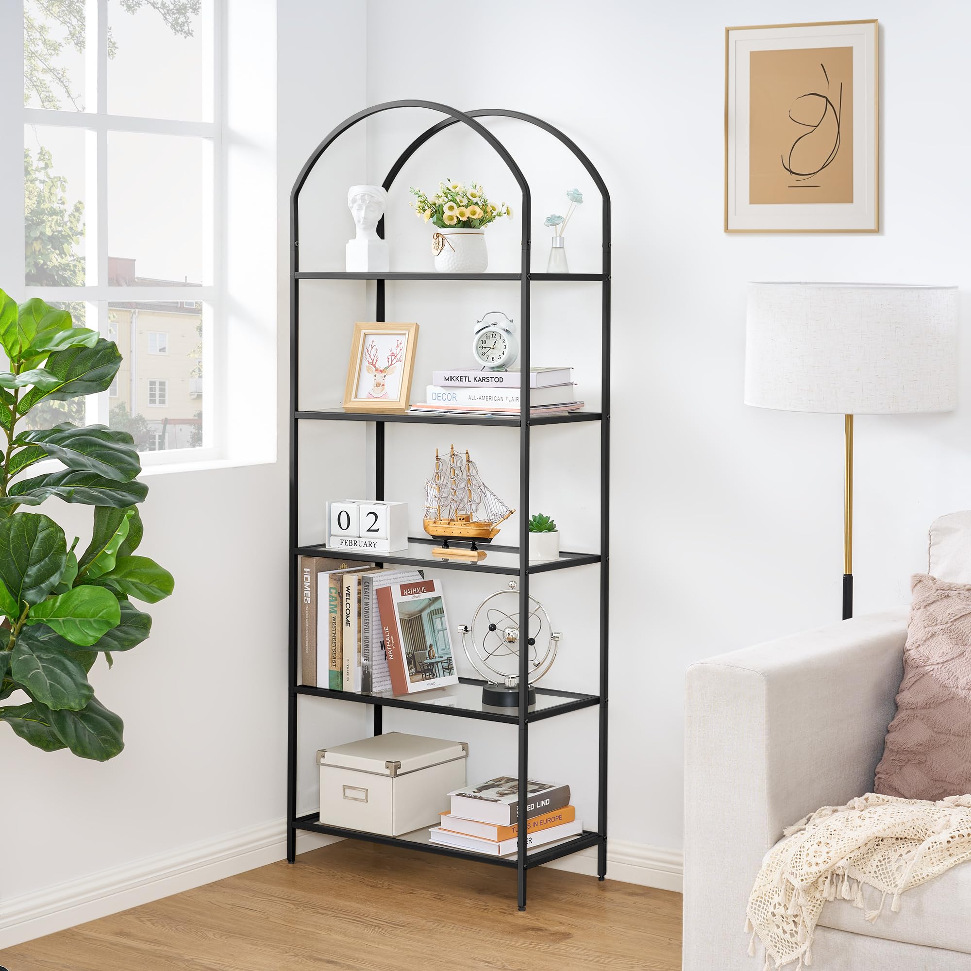Homhedy Bookshelf Arched Display Racks,Metal Bookcase,Tempered Glass Shelves,Storage Rack Shelf for Home Office,Living Room,Bedroom, Bathroom,Modern Style (Black, 11.8" D x 23.6" W x 62.2" H)