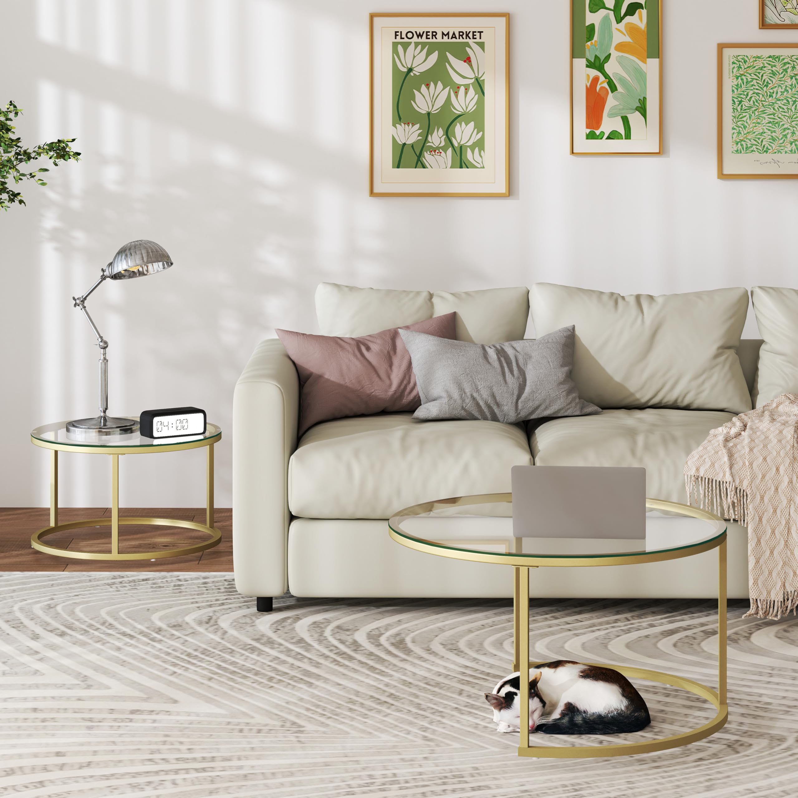 Set di 2 Tavolino da Caffè in Vetro, Rotondo Impilabile per Soggiorno, Gambe in Metallo Dorato, Tavolino Soggiorno Moderno 80x45 cm + 60x35 cm (Vetro+Oro)
