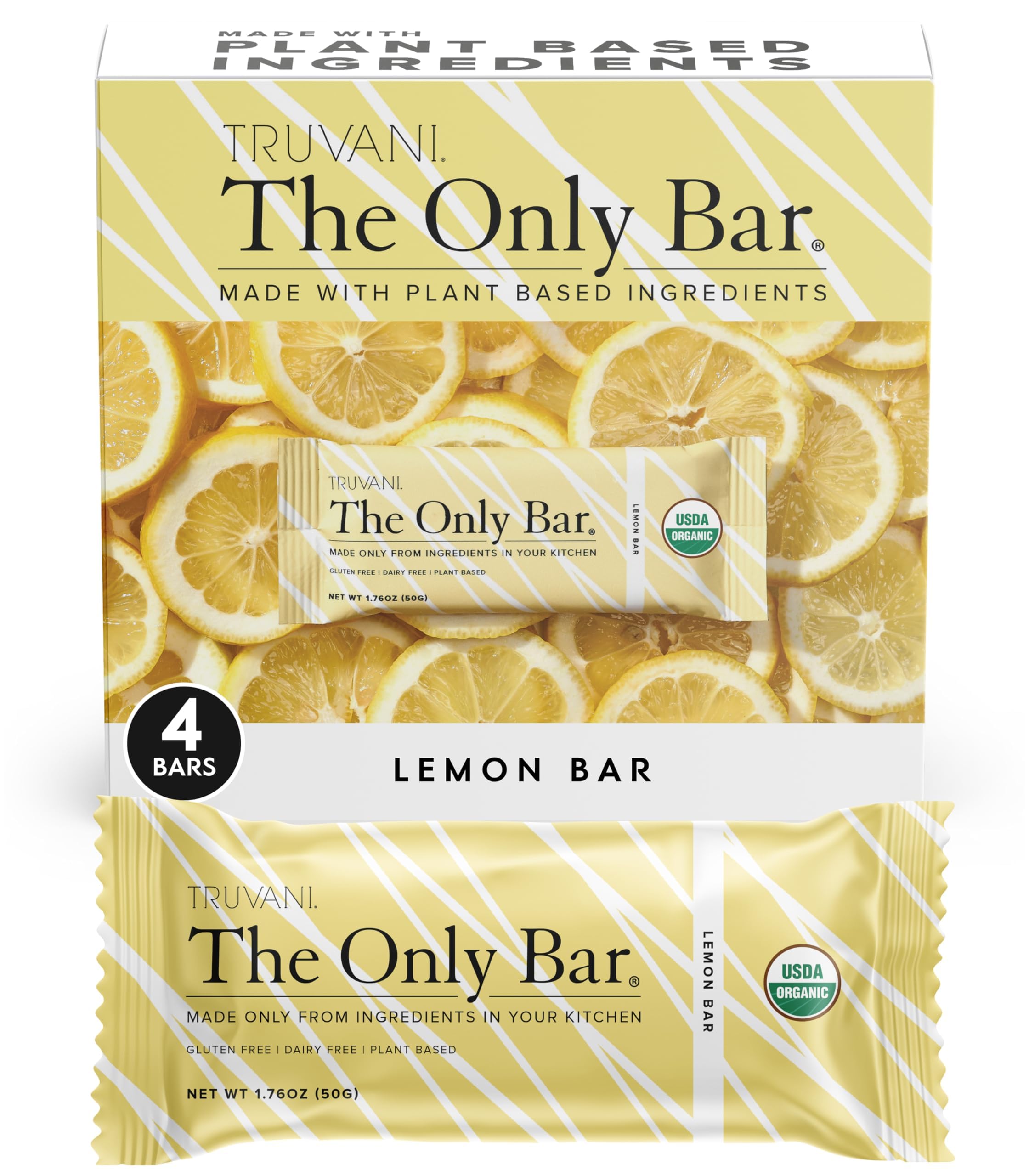 Truvani Plant Based Snack Bars | Lemon Bar 4 Pack | 6g Protein | USDA Organic and Vegan | The Only Bar | Dairy, Soy, and Gluten Free | Individually Wrapped