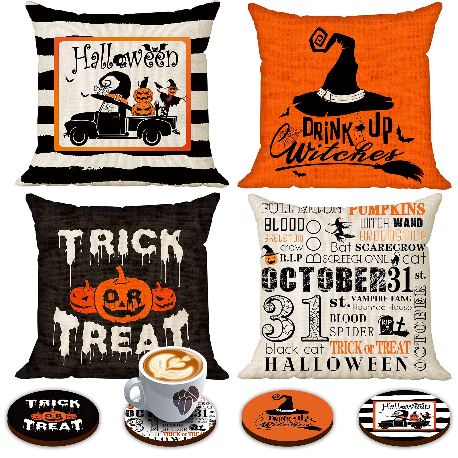 sticro Spooky Halloween Pillow Cover 18 x 18 Set of 4 with 4 Bonus Coasters, Decorative Pillow Covers for Farmhouse Sofa Couch, Festive Pumpkin Witch Scarecrow Truck Cute Halloween Decorations