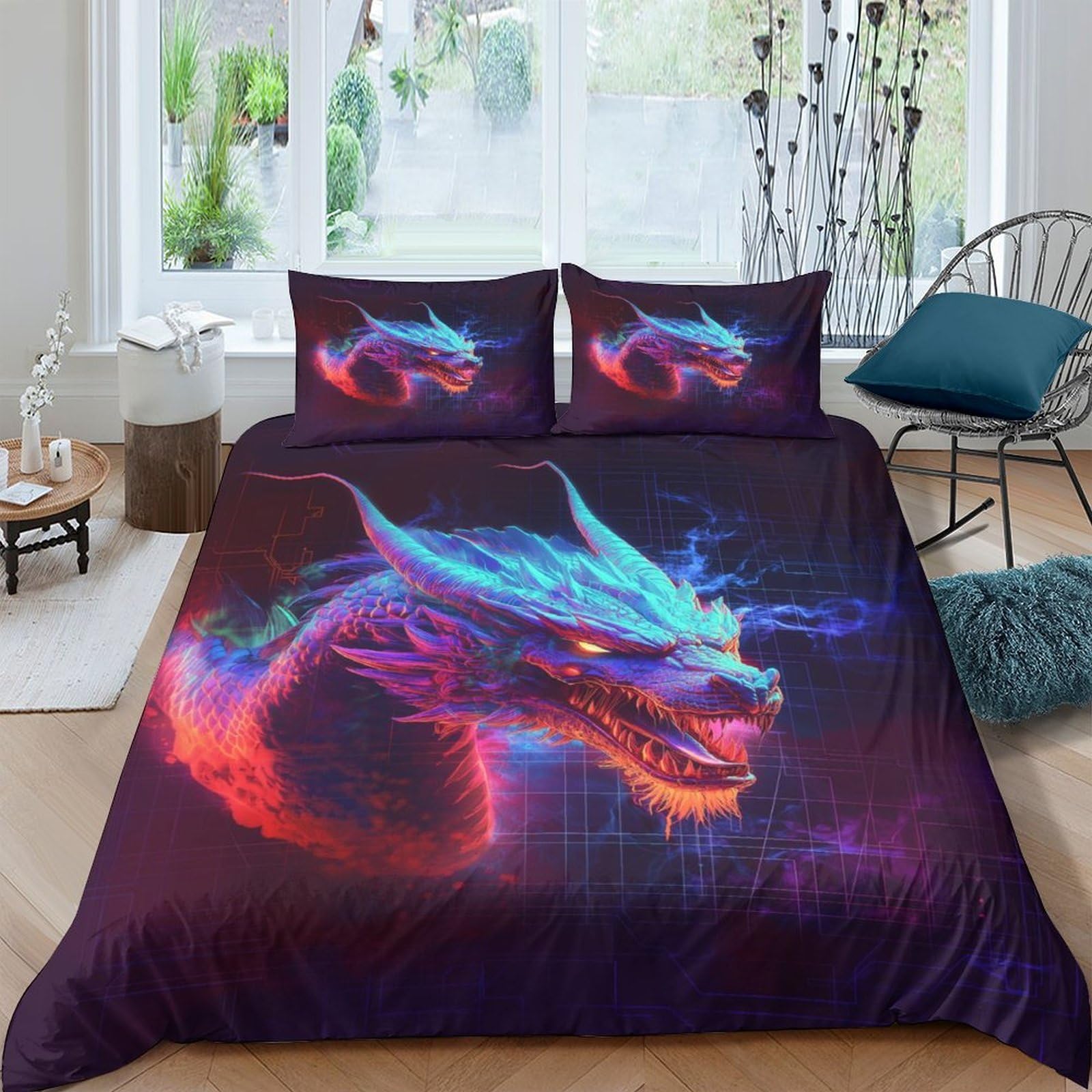 Ctjqhvkz Style-9 3D Printed Neon Dragon Fitted Sheet Microfiber Soft Mattress Cover For Bedroom Dorm Room Art Decor Protective Single（135X200cm）