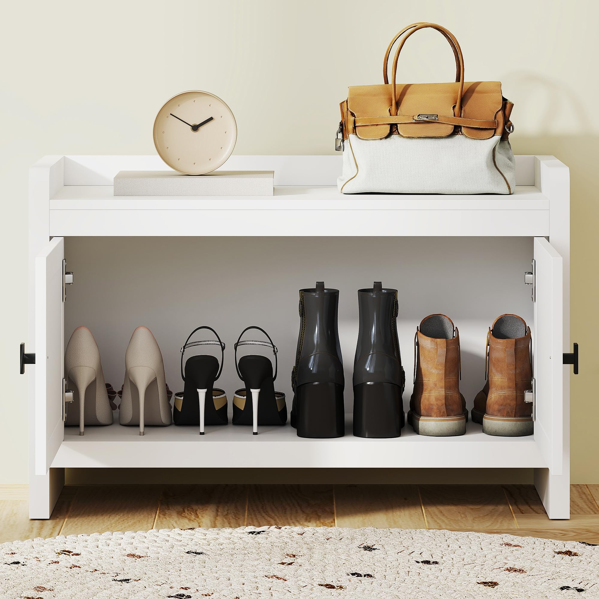 HOMCOM Banco Zapatero Bohemio Mueble Zapatero 8 Pares 80x35x52 cm Blanco | Banco de Almacenamiento con Frentes de Ratán, Puertas, Estante Extraíble, para Dormitorio o Entrada